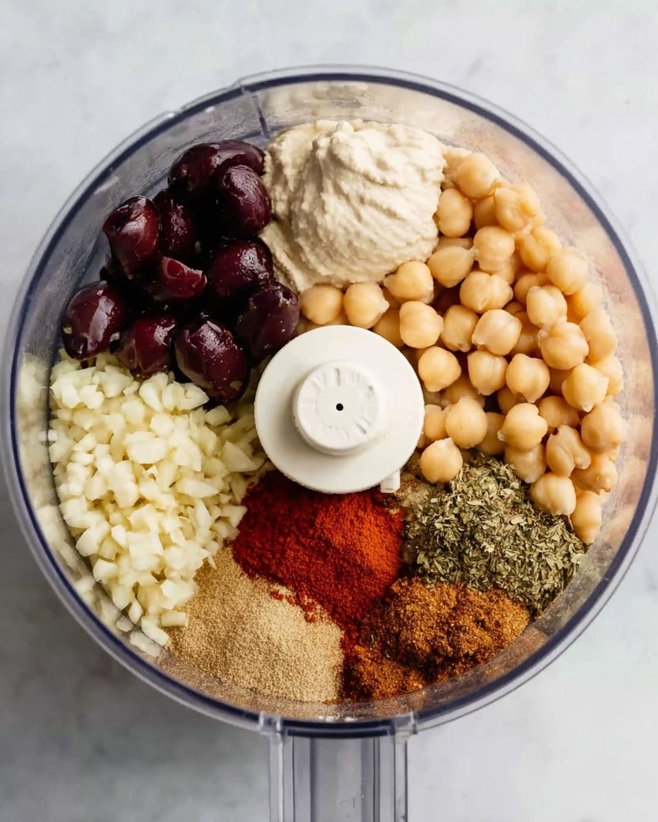 A clear food processor bowl is filled with six separate sections of ingredients arranged in a circle: light beige chickpeas in the top right, creamy white tahini paste in the top left, dark purple sliced olives in the bottom left, light tan minced garlic below the olives, and three groups of spices in the bottom right including deep red paprika, light brown cumin, and greenish ground coriander. The inside of the bowl has a central white spinner part, and the bowl sits on a white marbled textured surface. Photo taken with an iphone --ar 4:5 --v 7