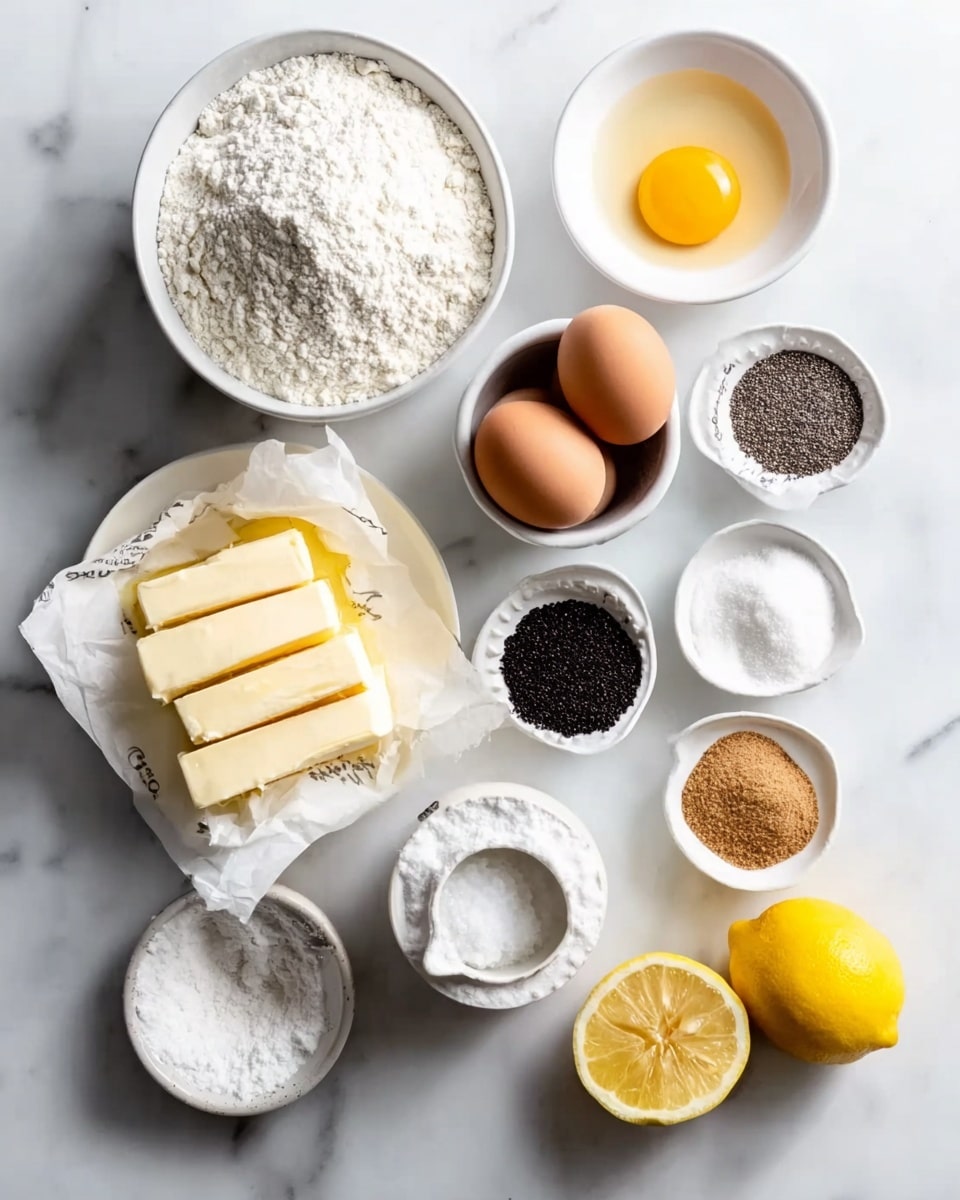 The image shows several small white bowls and plates arranged on a white marbled surface. There is a larger white bowl filled with white flour at the center top. To its right is a small white bowl with a cracked raw egg yolk, and below that, a white cup holding more flour with some spilled on the surface. Next to it is a white bowl holding three brown eggs. On the left side, a white plate holds several thick, pale yellow butter slices wrapped in parchment paper. There are other small white bowls containing white sugar, black poppy seeds, light brown sugar, and dark finely ground vanilla bean. At the bottom right, there are three lemon halves with bright yellow flesh. The items are arranged neatly, with clear separation between each container. photo taken with an iphone --ar 4:5 --v 7