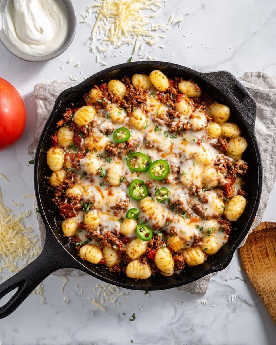 The image shows a black cast iron skillet filled with three layers of a dish: the bottom layer has small round gnocchi that are light golden yellow with a soft, slightly bumpy texture, the middle layer consists of cooked ground meat mixed with small bits of tomatoes and herbs giving a chunky dark brown and red look, and the top layer is melted white cheese spread unevenly with some browned spots and a few slices of bright green jalapeno peppers scattered on top. The skillet is placed on a white marbled surface with shredded cheese scattered around it, a small bowl of sour cream on the top left, a tomato next to it, and a wooden spatula on the right side. photo taken with an iphone --ar 4:5 --v 7