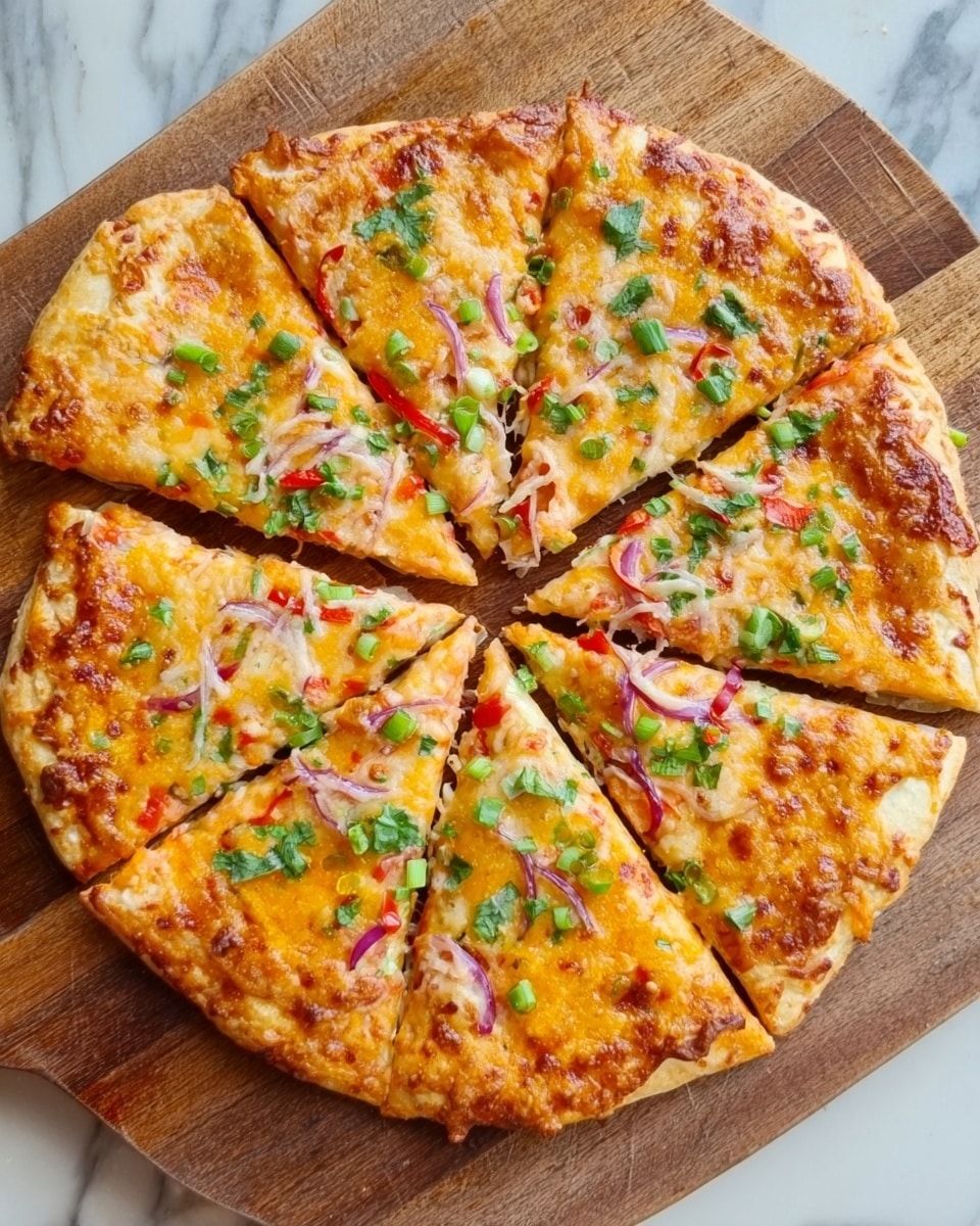A round pizza sliced into eight pieces rests on a wooden board. The pizza has a golden-brown crust that is crispy with a slightly puffed edge. The top layer is melted cheese with a light orange tint, scattered with small bits of red onion, thin slices of red chili, and green herbs like cilantro and chopped green onions. The colors are warm with specks of green and red adding contrast. The wooden board beneath adds a natural texture, and the surface around it is a white marbled texture. Photo taken with an iphone --ar 4:5 --v 7