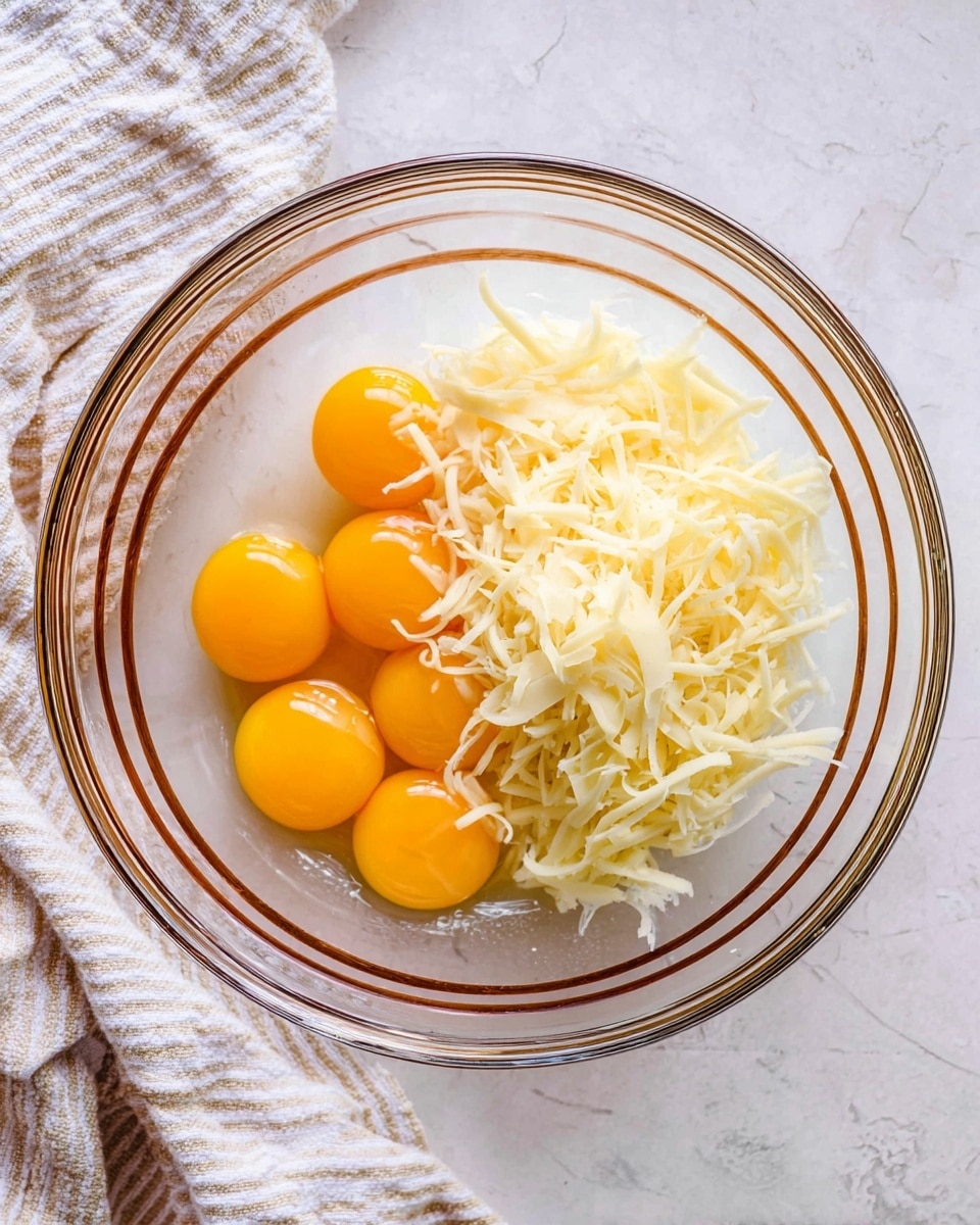 In a clear glass bowl with brown rings around the edge, six bright yellow egg yolks sit in the bottom left, while shredded pale yellow cheese fills the entire right half of the bowl, resting on a white marbled surface. A soft striped towel in white and beige is partly visible in the top left corner. Photo taken with an iphone --ar 4:5 --v 7