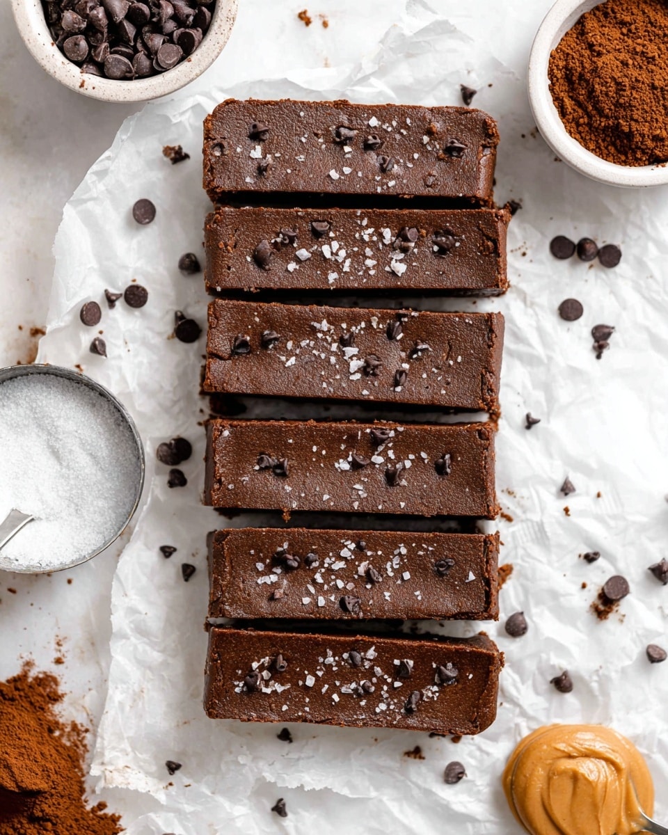 The image shows seven evenly sliced, rectangular dark brown bars with a smooth texture, sprinkled with small dark chocolate chips and coarse salt flakes on top. The bars lie on crinkled white parchment paper over a white marbled surface. Around the bars, there are scattered chocolate chips and crumbs. The edges of the bars reveal a slightly denser interior with more chocolate chips embedded. Nearby, there are white bowls filled with cocoa powder and chocolate chips, and a small silver container with coarse salt. A small dollop of light brown nut butter is visible at the bottom right corner. Photo taken with an iphone --ar 4:5 --v 7
