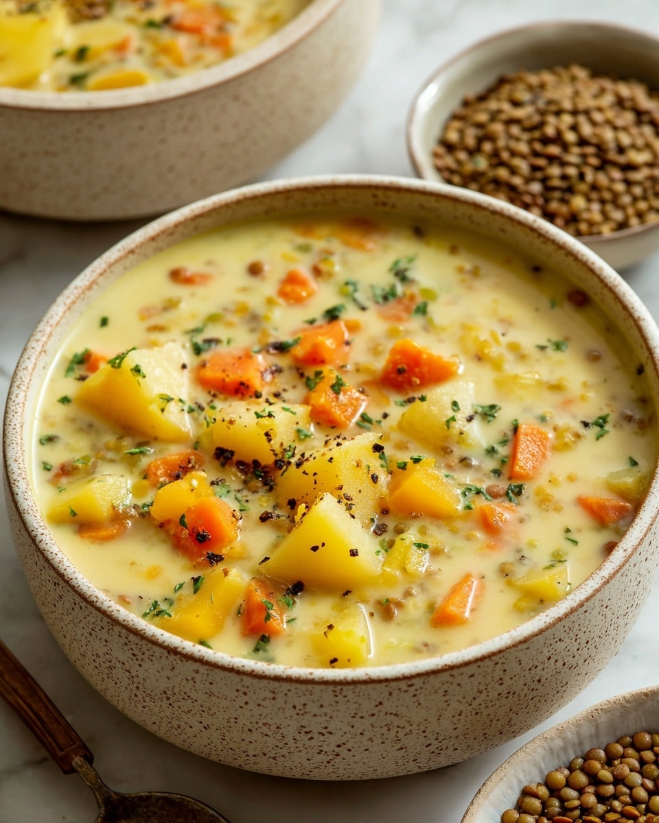 The image shows a thick soup served in two light brown speckled bowls placed on a white marbled surface. The soup has three main visible layers: large pieces of orange carrots, yellow potatoes, and small brown lentils, all mixed in a creamy, light beige broth with green herbs sprinkled throughout. Fresh green parsley leaves garnish the soup on top. A silver spoon rests inside the larger bowl on the right. To the top right, there is a small metal cup filled with dry brown lentils. A crumpled beige cloth napkin is placed near the bowl on the left, and some fresh green parsley is in the bottom left corner. Photo taken with an iphone --ar 4:5 --v 7