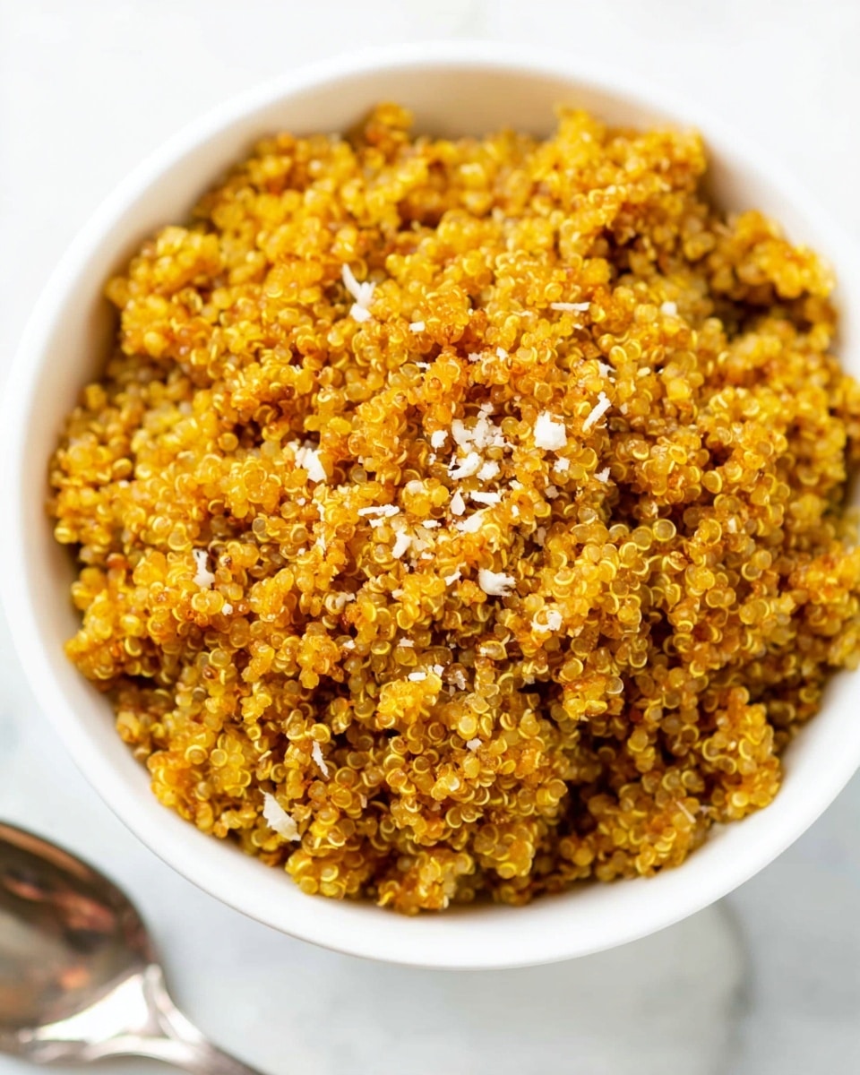 This image shows a close-up of a white bowl filled with a single layer of cooked golden quinoa. The quinoa has a slightly toasted look, with a mix of light golden yellow and deeper amber colors. Small bits of white shredded pieces are sprinkled over the quinoa, adding texture contrast. The bowl rests on a white marbled surface with part of a metallic spoon visible at the bottom left corner. The photo taken with an iphone --ar 4:5 --v 7