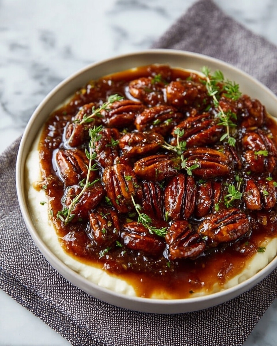 The dish is served in a round white bowl filled first with a creamy, soft white base layer. On top of this base, there is a thick, glossy layer of dark brown syrup that coats the pecans generously. The pecans are whole, shiny, and rich reddish-brown, some edges catching the light. Small sprigs of fresh green herbs are scattered across the top, adding a pop of color and freshness. The bowl rests on a textured gray cloth, all set on a white marbled surface. photo taken with an iphone --ar 4:5 --v 7