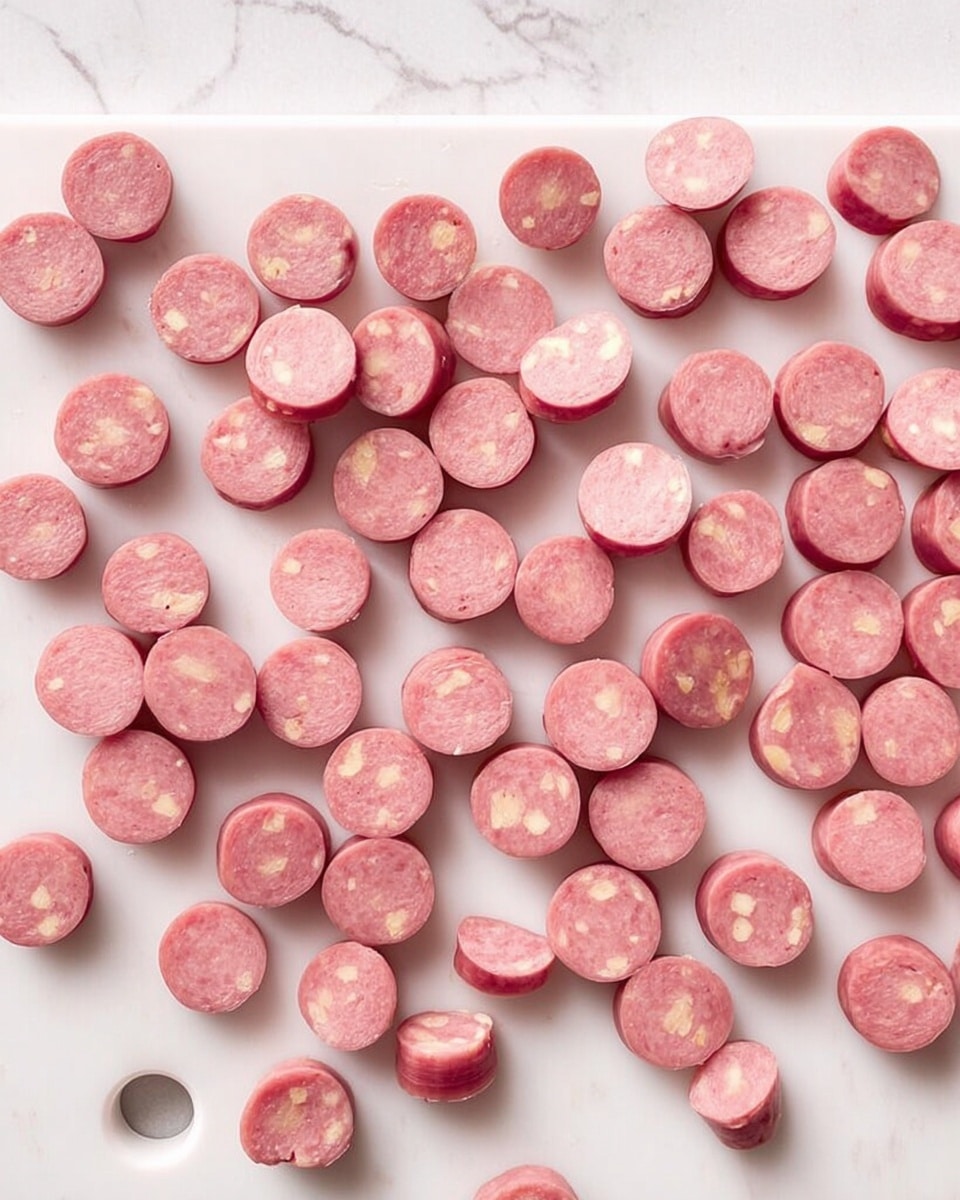 Many small round pink sausage pieces are spread out on a white cutting board with a handle on the left side. Each sausage piece shows bits of lighter-colored filling inside, with smooth outer surfaces. The background is a white marbled texture. Photo taken with an iphone --ar 4:5 --v 7