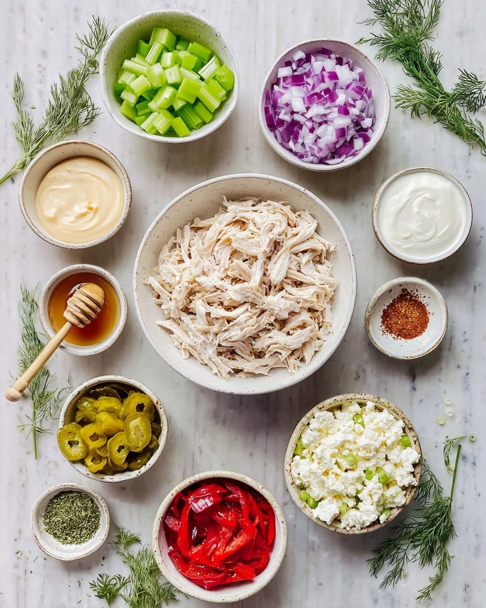 In the center, there is a white bowl filled with shredded light beige chicken. Surrounding it are smaller white bowls containing different ingredients: bright green sliced celery on the top left, smooth white sour cream at the top center, and chopped purple-red onion at the top right. To the left of the chicken bowl, there is a white bowl with creamy beige mayonnaise and below it a white bowl with dark golden honey and a wooden honey dipper. At the bottom right, a white bowl holds red roasted peppers, next to a bowl filled with crumbled off-white cheese. Near the bottom center, there is a white bowl with light yellow pickled peppers, and nearby are small white dishes containing dried green herbs, finely chopped green herbs, salt, and a small bowl with a reddish-brown powder. The entire setup is placed on a white marbled surface with small sprigs of fresh green dill scattered around. photo taken with an iphone --ar 4:5 --v 7