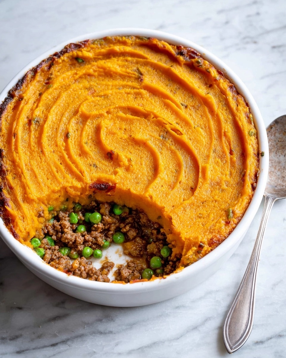 A white round dish holds a two-layer shepherd's pie placed on a white marbled surface. The top layer is a smooth, swirled, golden-orange mashed sweet potato crust with slightly browned edges and a textured pattern from a spoon or spatula. The bottom layer is a mix of brown cooked ground meat and bright green peas, clearly visible where a slice is missing. A silver spoon rests beside the dish. Photo taken with an iphone --ar 4:5 --v 7