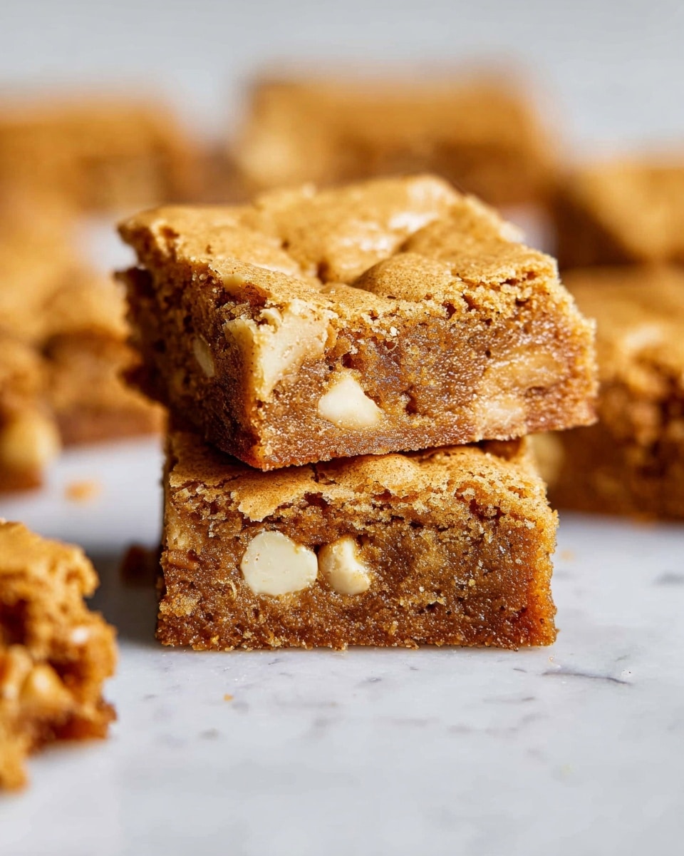 The image shows two square blondie bars stacked on top of each other on a white marbled surface. The bars have a golden brown, slightly crumbly texture with a cracked top layer. Visible inside the bars are large white chunks, likely nuts or white chocolate pieces, adding texture and color contrast. Around the stacked blondies, other blondie pieces lie scattered, slightly out of focus, giving a homemade and inviting feel. Photo taken with an iphone --ar 4:5 --v 7