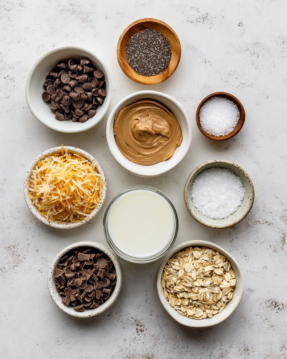 Nine small bowls are arranged on a white marbled surface, each holding a distinct ingredient. Starting top left, a white bowl contains dark brown chocolate chips with a smooth, shiny texture. To its right, a small wooden bowl holds black and white chia seeds, small and round. Below the chocolate chips, another white bowl has a thick, creamy light brown spread with a glossy finish. Centered at the top, a white bowl filled with toasted golden brown shredded coconut flakes. Below this, a clear glass bowl is filled with creamy white milk, smooth and slightly frothy at the edges. On the bottom right, a white bowl is filled with light yellowish rolled oats, flat and dry. Below the chia seeds, a small wooden bowl holds white granulated salt. Finally, below the oats, a white bowl holds finely chopped dark brown chocolate pieces. Photo taken with an iphone --ar 4:5 --v 7