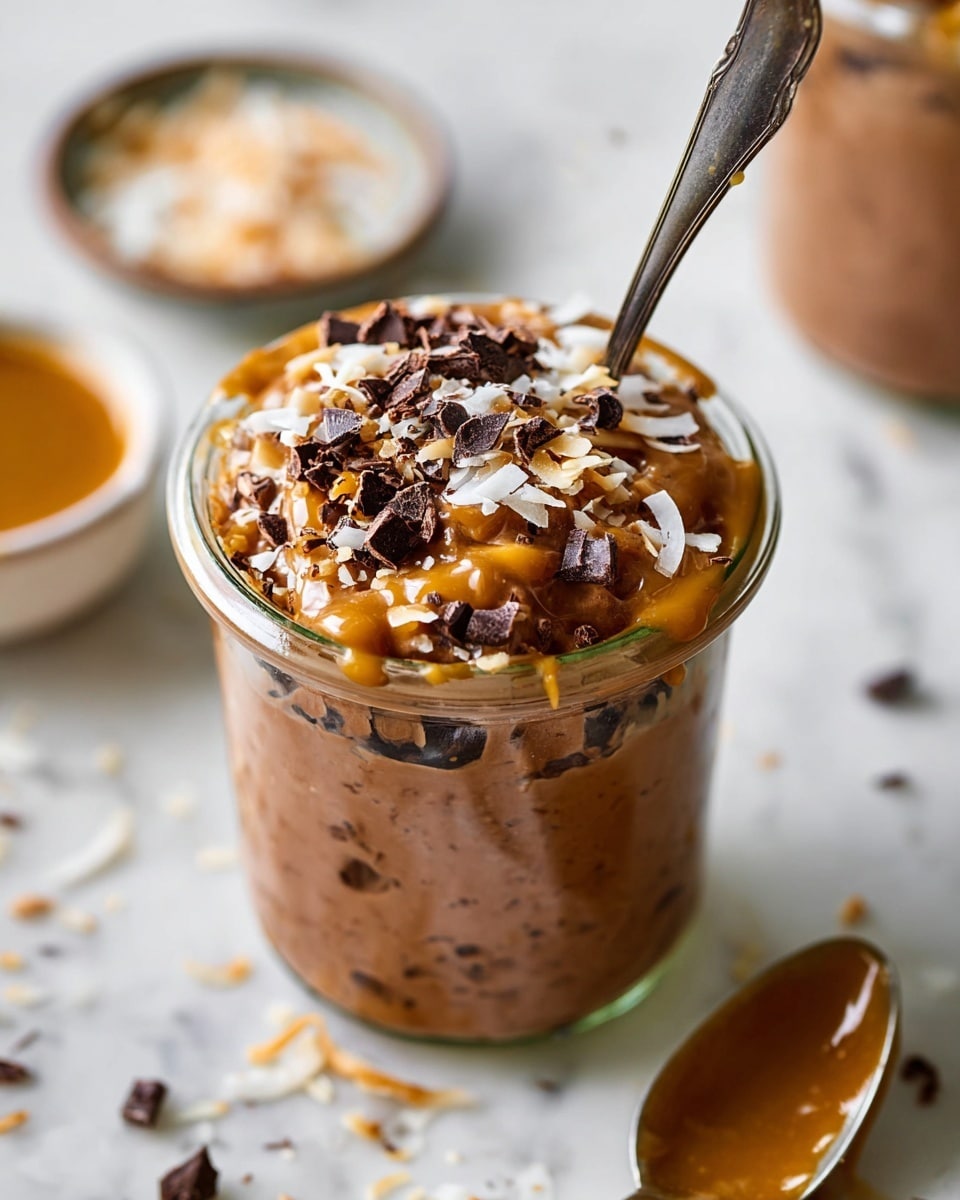 A clear glass jar filled with a thick, creamy chocolate dessert layered with small chunks and drizzled with caramel sauce. The top layer is sprinkled with dark chocolate pieces and light-colored toasted coconut flakes, adding rough and smooth textures. A vintage silver spoon is placed inside the jar, angled slightly outward. The jar rests on a white marbled surface with blurred small dishes holding additional caramel sauce and toasted coconut flakes in the background. photo taken with an iphone --ar 4:5 --v 7
