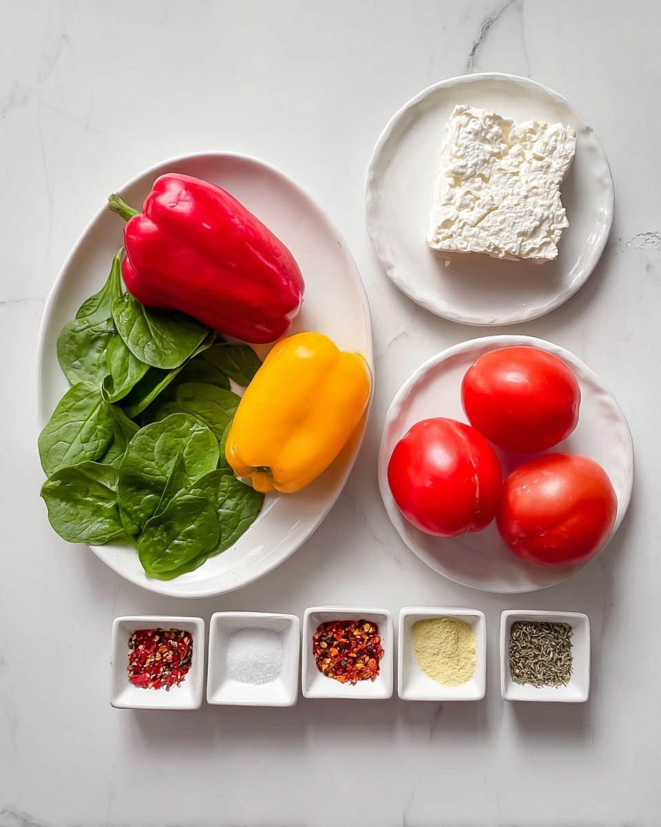 The image shows a simple flat lay of fresh ingredients on a white marbled surface: from left to right, a white oval plate holds a bright red bell pepper, a yellow bell pepper, and three green spinach leaves. Above it, a small round white plate has a block of soft white cheese with a crumbly texture. Next to it, another round white plate holds three bright red Roma tomatoes with smooth skins. Below the plates, five small square white dishes each contain a different spice or seasoning: white salt, red chili flakes, black peppercorns, dried herbs, and a pale yellow powder. All items appear fresh and clean. Photo taken with an iphone --ar 4:5 --v 7