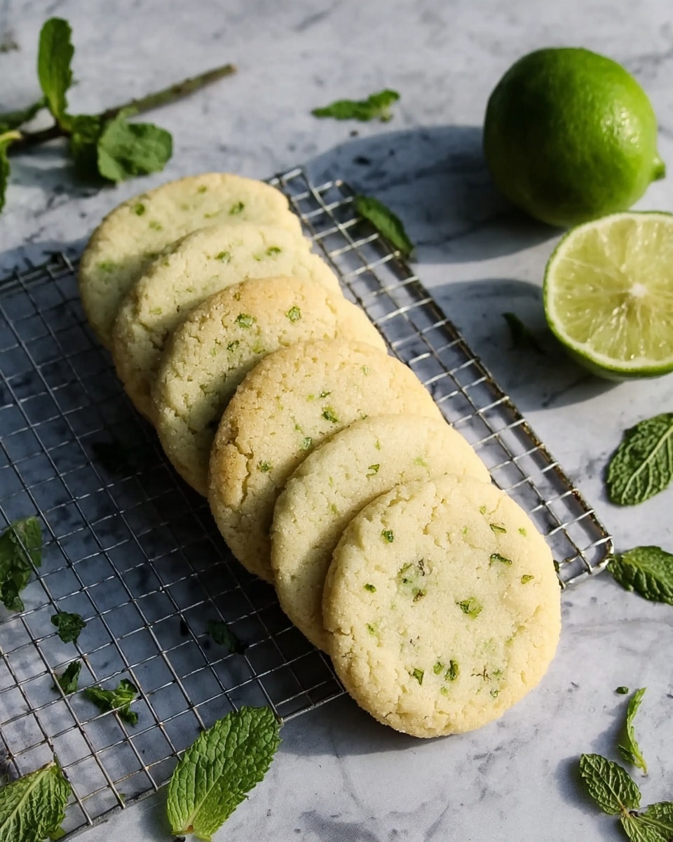 Seven pale yellow round cookies with small green specks are arranged on a silver wire cooling rack placed on a white marbled surface. To the upper right of the cookies, there is a halved lime showing its light green juicy inside, while a whole lime sits nearby at the top edge. Scattered around the cooling rack and surface are several fresh green mint leaves and sprigs, adding a touch of natural green color to the scene. The photo has soft natural lighting and is taken from above, showing the textured surface of the cookies clearly photo taken with an iphone --ar 4:5 --v 7
