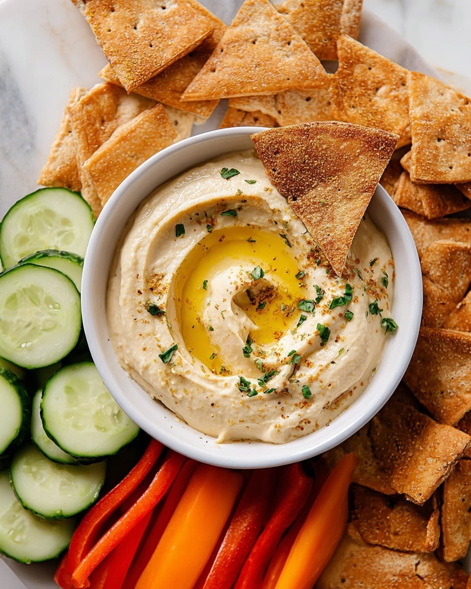 A white bowl in the center is filled with creamy beige hummus, smooth in texture with a swirl on top holding a small pool of yellow olive oil, sprinkled with green chopped herbs and specks of spices. One triangular beige pita chip is dipped slightly into the hummus. Around the bowl are more broken pita chips in a warm golden brown color with a rough texture. To the left of the chips are fresh slices of pale green cucumber with dark green skin, and below the bowl are bright orange and yellow carrot sticks and red bell pepper strips. The entire setting rests on a white marbled surface. photo taken with an iphone --ar 4:5 --v 7