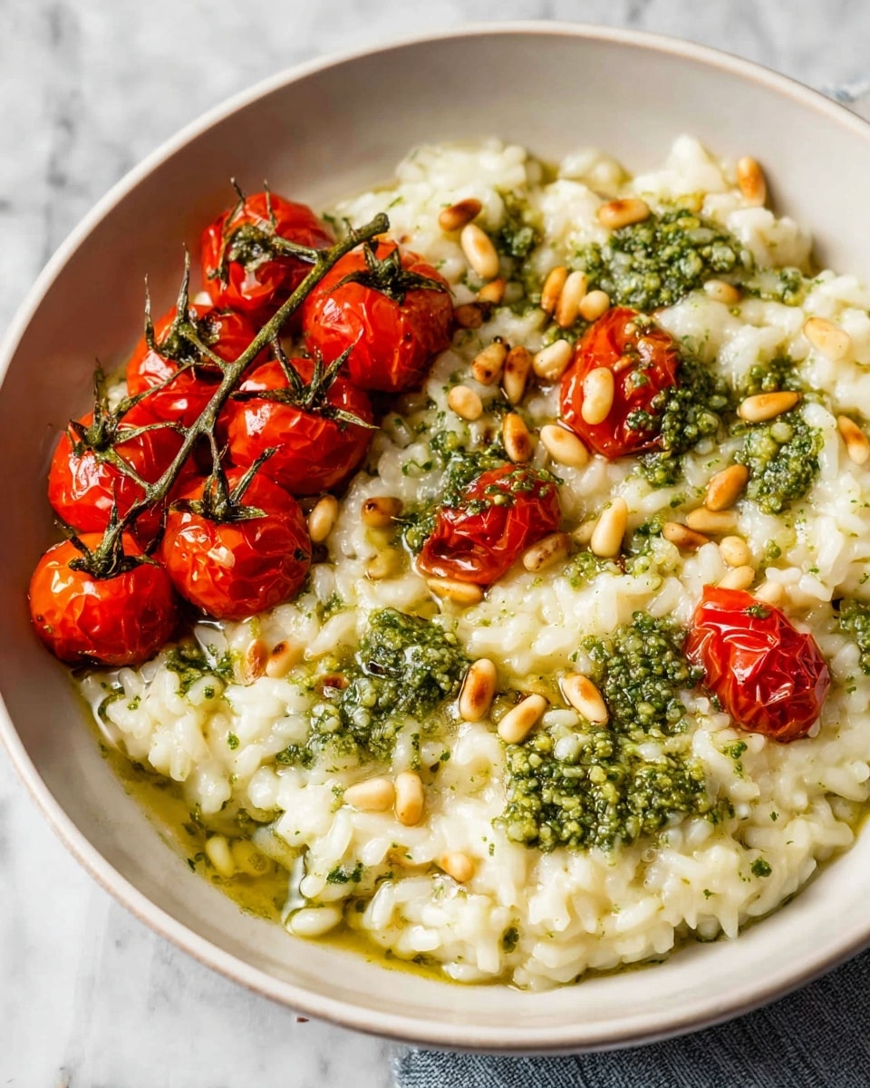 A white bowl filled with creamy risotto forming the base layer, its texture soft and slightly glossy, scattered with small toasted pine nuts in light golden brown, and topped with a generous drizzle of green pesto sauce that spreads unevenly giving a textured look; a cluster of bright red roasted cherry tomatoes still on their vine rests on one side, adding a pop of vibrant color and slight shine, all set on a white marbled surface. photo taken with an iphone --ar 4:5 --v 7