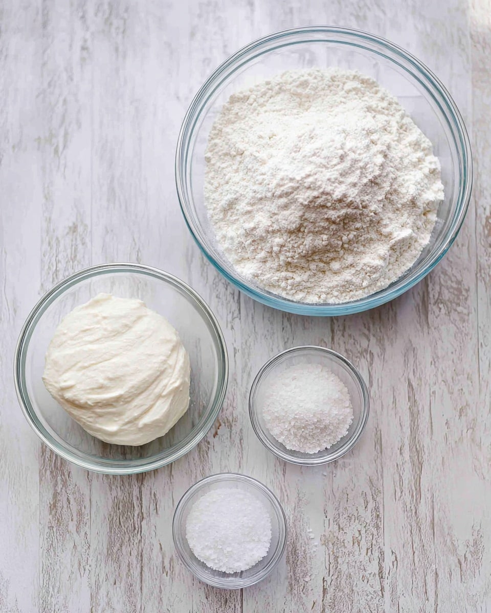 The image shows four clear glass bowls on a white marbled textured surface. The largest bowl, placed at the top right, is filled with a heap of white flour. Below it, on the left side, there is a medium bowl filled with a thick, white creamy ingredient. To the right of this medium bowl, there are two small bowls placed vertically; the top small bowl contains a fine white powder, and the bottom small bowl holds white granulated salt. Some loose flour is scattered lightly on the surface near the bowls. photo taken with an iphone --ar 4:5 --v 7