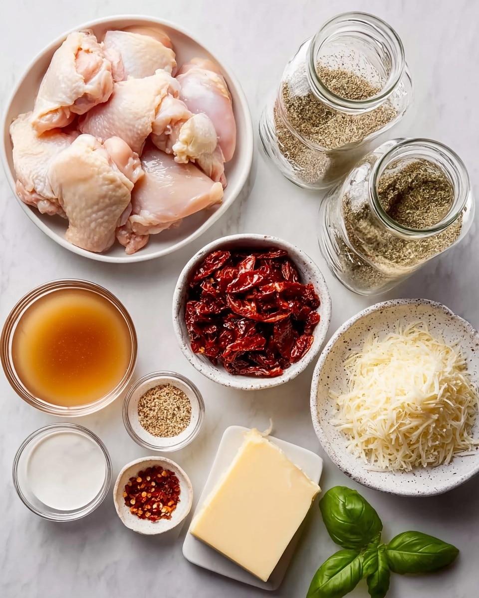 A white bowl filled with several pieces of raw chicken thighs sits on the bottom left over a white marbled background. Above it, there are clear glass jars filled with granulated seasoning and dried herbs, both placed tilted on their sides. In the center, a small white bowl holds sun-dried tomatoes with a deep red color and chewy texture. Surrounding it are small white bowls containing light brown chicken broth, white salt, creamy white cream, cracked black pepper, and red chili flakes. On the bottom right, a textured white bowl holds a mix of shredded white cheese and a block of aged cheese with a firm texture, next to a small white plate featuring a square of pale yellow butter. Fresh green basil leaves add a pop of color in the upper right corner. Photo taken with an iphone --ar 4:5 --v 7
