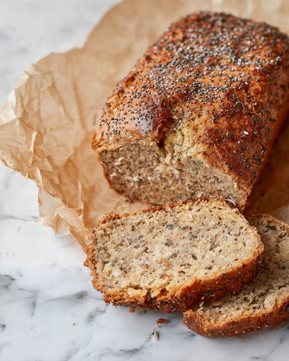 This image shows a loaf of brown bread with visible seeds on the crust, placed on crumpled brown paper over a white marbled surface. The loaf has a golden-brown color with a slightly rough texture and is topped with many small black and white seeds. Two slices are cut from the loaf and placed in front of it, showing a soft and moist inside with a light beige color and scattered darker bits throughout. The crumb of the bread has a slightly uneven texture with small air pockets visible. photo taken with an iphone --ar 4:5 --v 7