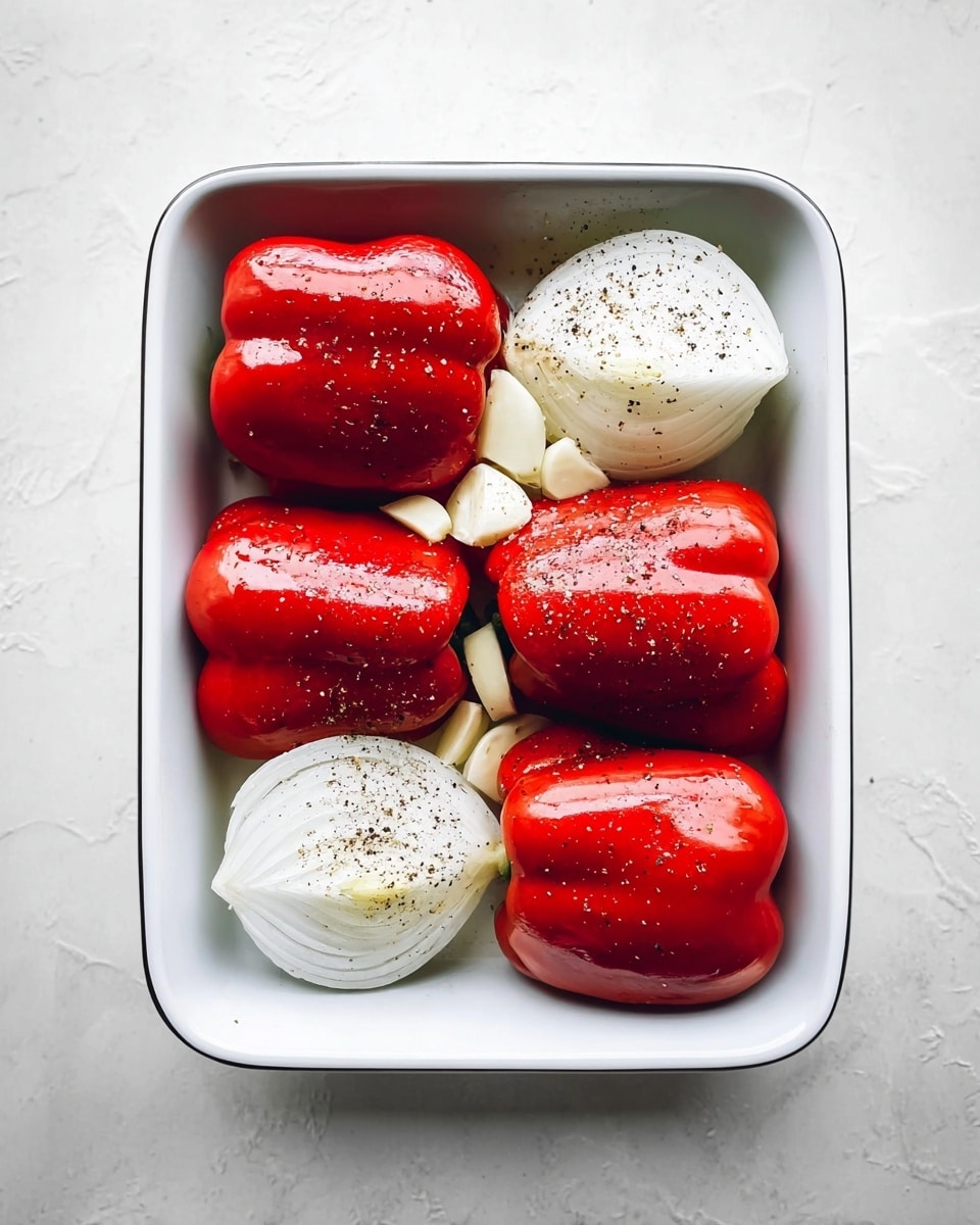 A white rectangular baking dish holds four whole red bell peppers placed in pairs, shiny and smooth, arranged evenly across the dish. Between and around the peppers, there are four large onion pieces, white and layered, each sprinkled with black pepper. Small pieces of garlic are placed in the middle under the onions and peppers. The surface beneath the dish is a white marbled texture. photo taken with an iphone --ar 4:5 --v 7