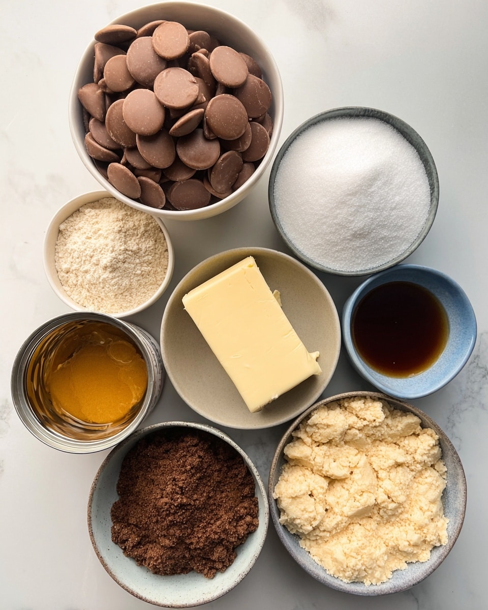 The image shows seven small white bowls and a can on a white marbled surface, each filled with a different baking ingredient. At the top, there is a bowl filled with smooth, round milk chocolate pieces that are a warm brown color. Below it to the left is a bowl of fine, light beige flour with a soft, powdery texture. To the right is a bowl filled with white, grainy sugar. Below these, on the left, is a bowl containing dark brown sugar with a moist, crumbly texture. In the center lies a solid block of pale yellow butter with a smooth surface. To the right of the butter is a bowl with a small amount of dark brown liquid vanilla extract. At the bottom right is a bowl with a light beige, bubbly dough. Below the butter is an open can containing thick, golden syrup. The background and bowls create a clean, bright setting. Photo taken with an iphone --ar 4:5 --v 7