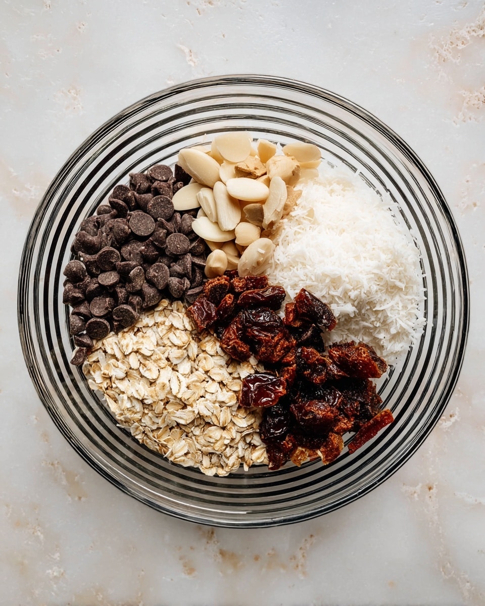 In a clear glass bowl with black stripes, six ingredients sit in separate piles without mixing. Starting from the left, there is a pile of dark brown chocolate chips, next to it pale beige sliced almonds. To the right, there is a mound of white shredded coconut, and below it chopped dark reddish-brown dates. Below the almond pieces and dates, oats with a light tan color form a loose pile. The bowl is placed on a white marbled surface. photo taken with an iphone --ar 4:5 --v 7