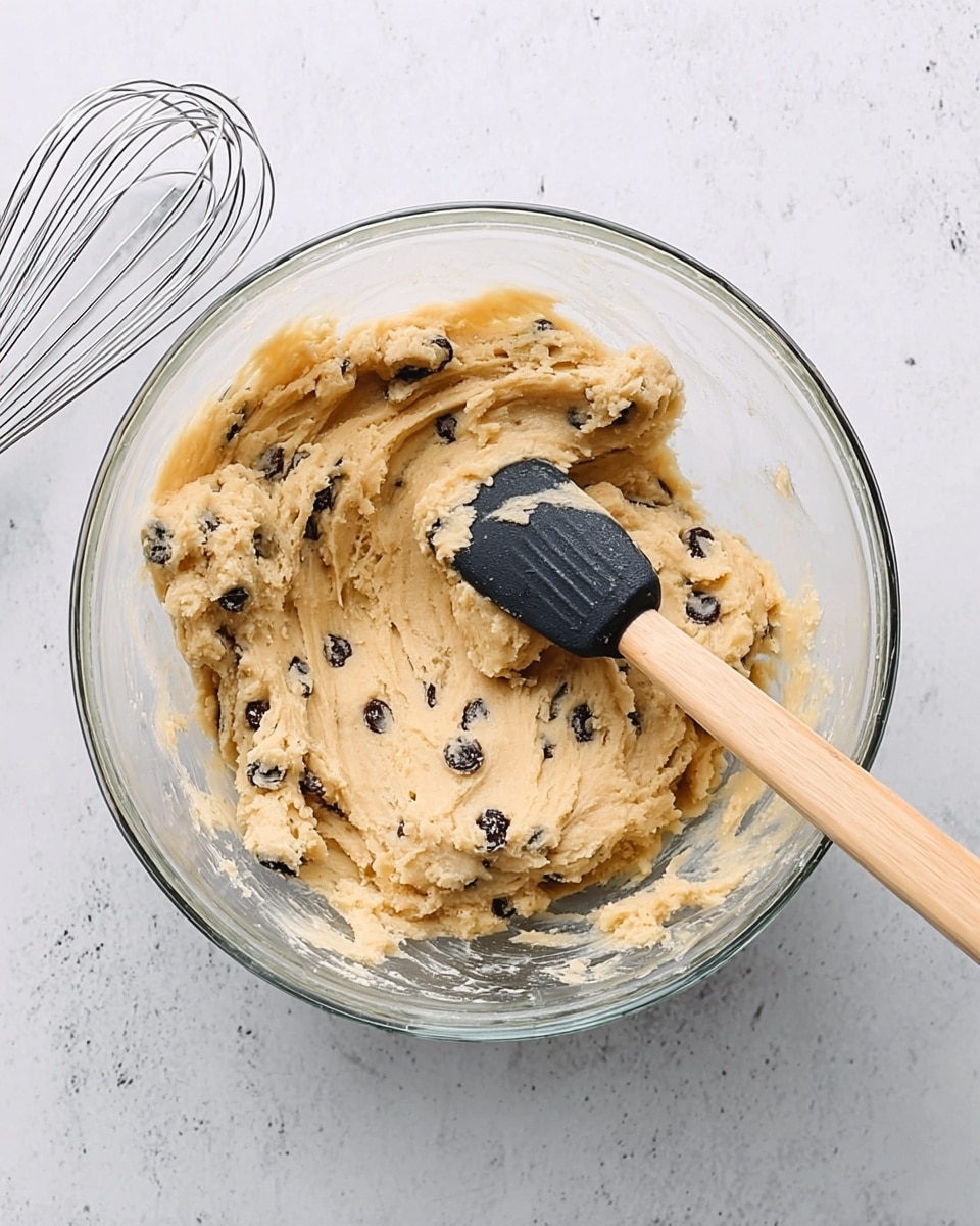 A clear glass bowl contains light beige cookie dough mixed with dark chocolate chips spread evenly throughout. The dough has a soft and creamy texture, with some slight ridges from stirring. A black spatula with a light wooden handle rests inside the bowl, partly covered with the dough. The bowl is placed on a white marbled surface, adding a clean and bright background to the scene. Next to the bowl, there is a metal whisk with a black handle. Photo taken with an iphone --ar 4:5 --v 7