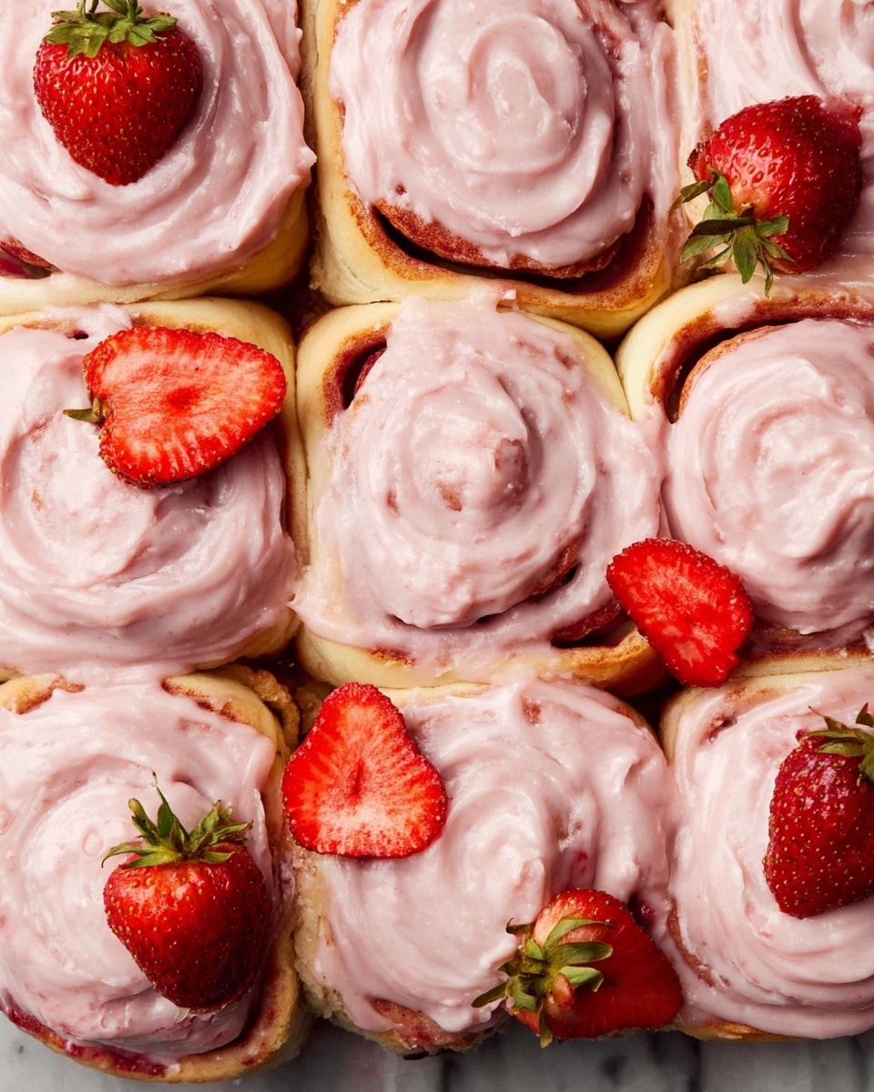 A close-up view of nine cinnamon rolls placed tightly together, each topped with a thick, creamy layer of pale pink frosting that looks smooth with some swirls and texture; the rolls show light golden-brown edges with visible spiral swirls of reddish filling beneath the frosting. Fresh strawberry halves with bright red color and green tops are placed on top of some rolls, adding a fresh and vibrant look. The rolls sit on a surface with a white marbled texture. photo taken with an iphone --ar 4:5 --v 7