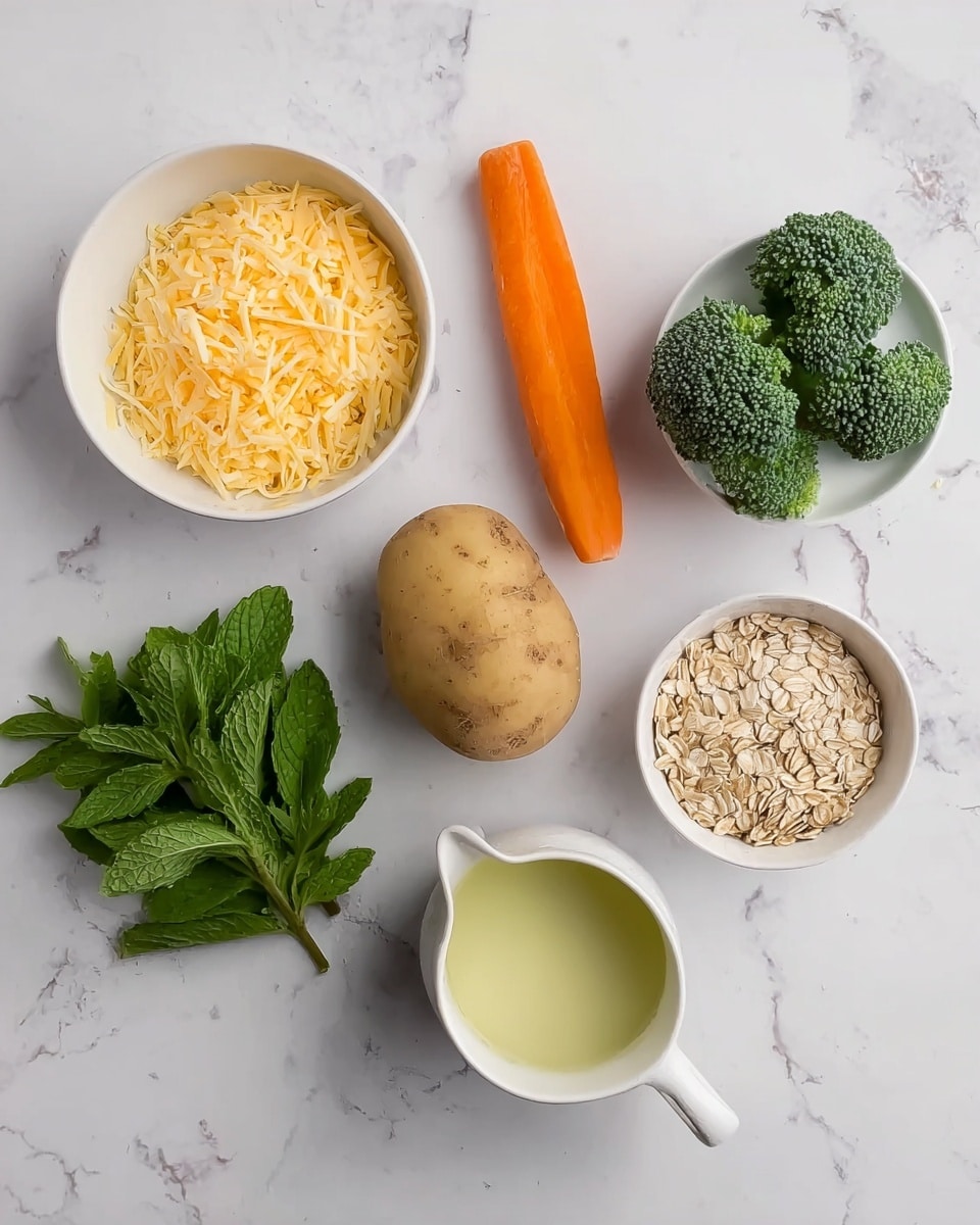 The image shows a top view of various cooking ingredients placed neatly on a white marbled surface. In the middle left, there is a white bowl filled with shredded yellow cheese. To its right is a bright orange carrot lying horizontally. Above the carrot, a small white bowl holds three green broccoli florets. Next to these, towards the top right, is a whole light brown potato. Below the potato, near the center, a fresh bunch of green mint leaves lies flat on the surface. To the right of the mint, a white bowl with a handle contains beige oats. In the top right corner, a small white jug with light yellow liquid is placed. All elements are clearly separated and presented against the clean marbled background. Photo taken with an iphone --ar 4:5 --v 7
