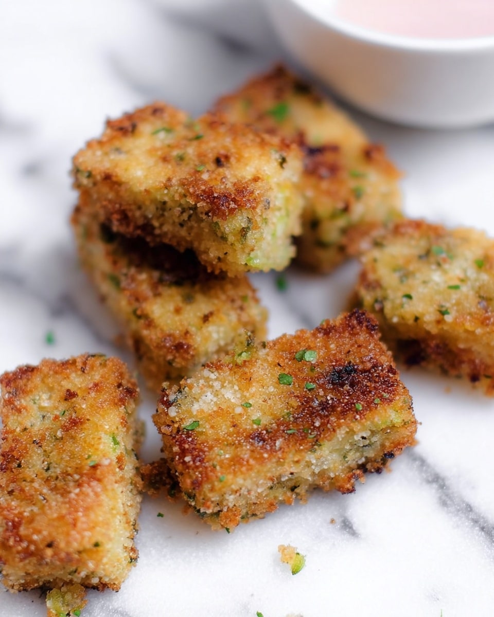 This image shows several small rectangular pieces of food with a golden brown, crispy outer layer that looks crunchy and textured with breadcrumbs and tiny green herbs. Each piece has some uneven browning on the edges and top, with bits of lighter and darker shades of brown and green flecks inside. They are placed directly on a white marbled surface, with a blurred white bowl that has a pink base in the background. The overall look is a close-up showing the detailed texture of the crispy food pieces photo taken with an iphone --ar 4:5 --v 7