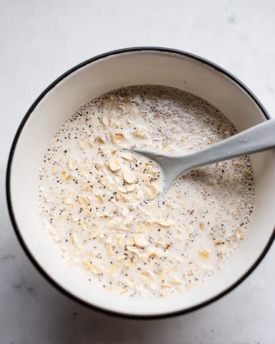 A white bowl with a black rim holds a mixture of soaked oats in a creamy liquid, with small seeds scattered throughout. The surface shows light bubbles and some oats floating around, giving a textured and slightly frothy look. A gray spoon with a flat handle rests inside the bowl, partly submerged in the mixture. The bowl is placed on a white marbled surface. photo taken with an iphone --ar 4:5 --v 7