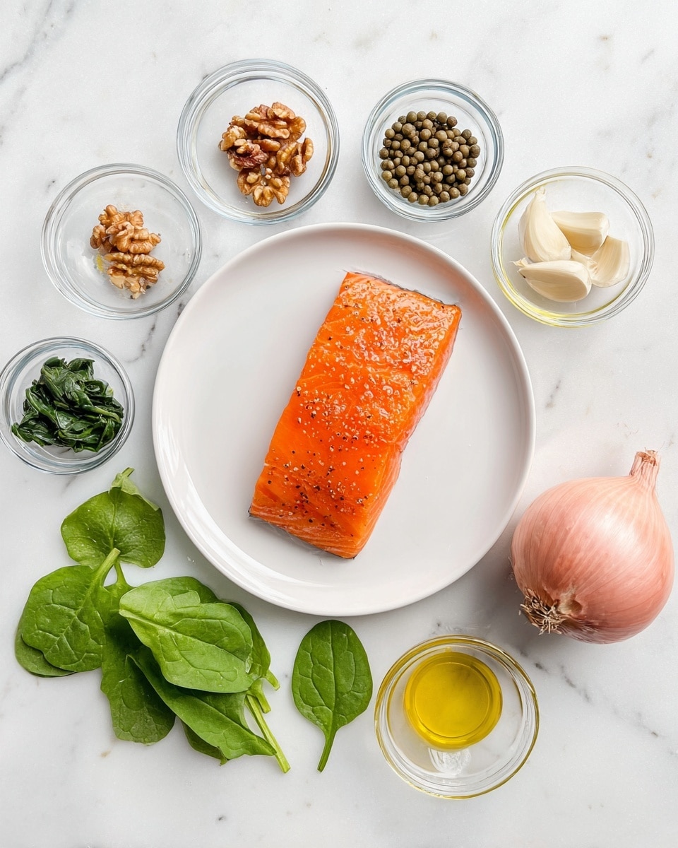 A single piece of cooked salmon with a bright orange, smooth but slightly flaky texture sits on a plain white round plate in the center. Around the plate, small clear glass bowls hold different ingredients: green spinach leaves, small green capers, light brown walnut pieces, whole black peppercorns, a pale clove of garlic, light yellow oil, and grainy mustard. To the right of the ingredients, a whole shallot with a soft, smooth, pinkish skin is placed directly on the white marbled surface. A few loose spinach leaves are scattered on the surface for added detail. The whole setup is clean and well organized. photo taken with an iphone --ar 4:5 --v 7