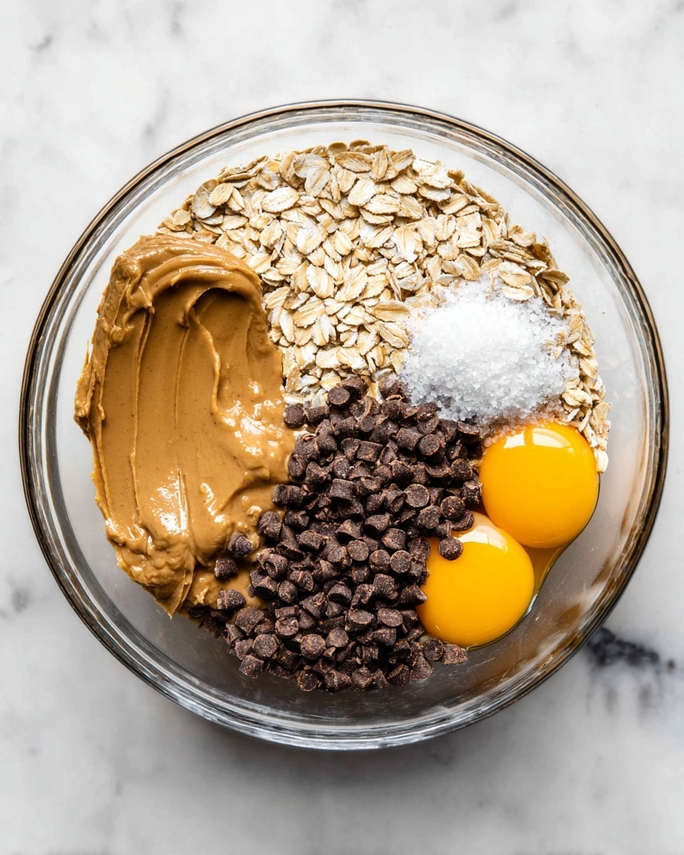 A clear glass bowl sits on a white marbled surface, filled with five different ingredients neatly separated into sections. Starting from the left, there is a smooth, thick layer of light brown peanut butter spreading towards the bottom left. Above it is a pile of dry, light beige rolled oats with a rough texture. To the right of the oats, a dense cluster of small, dark brown chocolate chips fills a quarter of the bowl. In the middle top of the chocolate chips, there is a small mound of white salt crystals. Finally, on the bottom right, two whole raw eggs with bright yellow yolks rest on top of some oats, with their clear whites visible underneath. The overall composition is colorful and shows textures from smooth to crunchy. Photo taken with an iphone --ar 4:5 --v 7