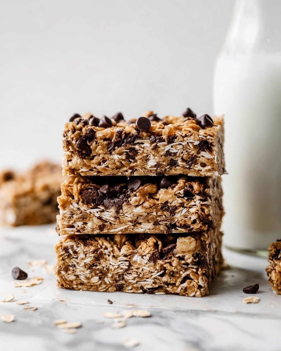 A stack of four thick square granola bars is shown, each bar made of oats mixed with dark brown chocolate chips, giving a textured and crumbly look. The bars have layers of light golden oats with bits of dark chocolate scattered throughout, some chocolate chips sitting on top adding contrast. They rest directly on a white marbled surface with a few loose oats around them. On the right side, there is a clear glass bottle filled with white milk, partially visible. The background is plain white, making the granola bars stand out clearly. photo taken with an iphone --ar 4:5 --v 7