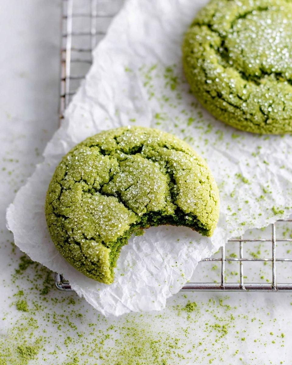 The image shows two round green cookies on a piece of white wax paper over a cooling rack, placed on a white marbled surface. One cookie is whole with a rough, cracked texture and sprinkled with shiny sugar crystals, giving a textured look. The other cookie is next to it with a big bite taken out of the edge, showing a slightly crumbly inside that matches the outer green color. Green powder is scattered lightly around the cookies and on the white paper and surface, adding to the natural, fresh appearance. Photo taken with an iphone --ar 4:5 --v 7