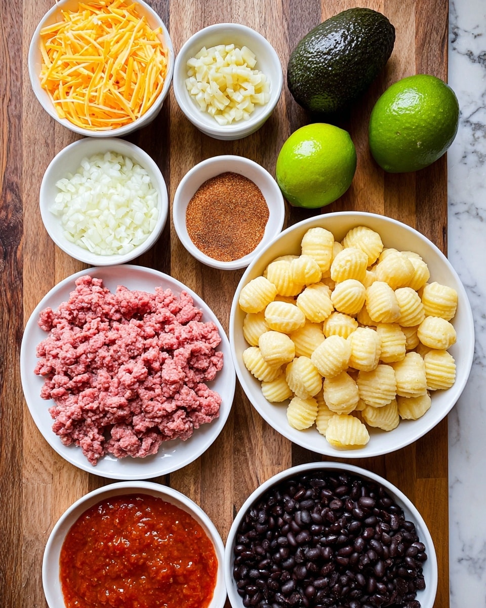 The image shows a top-down view of various ingredients arranged neatly on a wooden surface with a white marbled border. In the center is a white bowl filled with pale yellow gnocchi, each piece having a ridged texture. To the bottom left is a white plate with bright pink ground meat, showing a soft and uneven texture. Above the meat is a smaller white bowl with a reddish-brown spice powder. To the top left is a white bowl filled with finely chopped white onions. In the middle top is a small white bowl holding minced garlic with a slightly lumpy texture. To the top center are two whole dark green avocados and two bright green limes. On the top right, a white bowl contains shredded orange-yellow cheese, and beside it, a white bowl is filled with shiny black beans. At the bottom right, a white bowl holds a chunky red tomato sauce with bits of tomato visible. Photo taken with an iphone --ar 4:5 --v 7