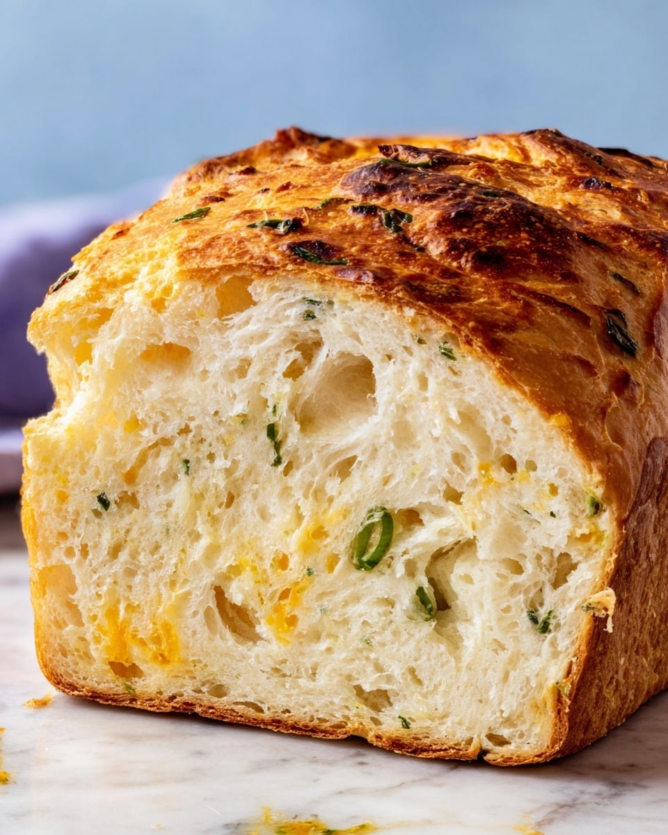 The image shows a close-up view of a loaf of bread with one slice removed. The bread has a golden-brown crust with a slightly shiny and textured surface on top, dotted with small bits of green and darker spots. The inside of the bread is soft and airy with a white and light yellow color. There are small green pieces and swirls of a light yellow ingredient spread unevenly throughout the slice, adding color contrast. The bread is placed on a white marbled surface, and in the background, there are blurry hints of blue and purple tones. photo taken with an iphone --ar 4:5 --v 7