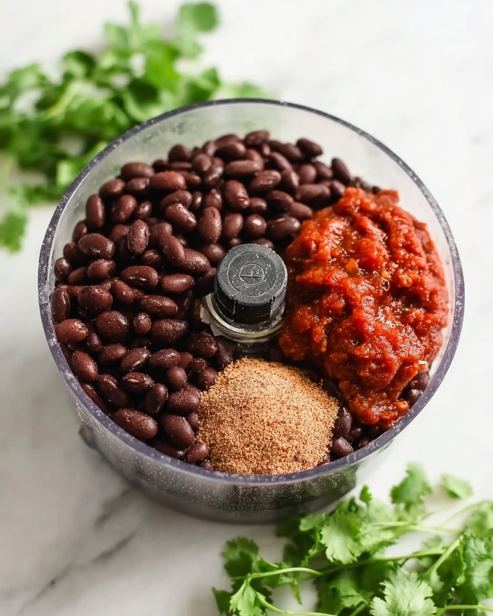 A clear round blender bowl filled with dark brown black beans covering most of the space, bright red chunky salsa placed on the right side, and a small mound of light brown spice powder below the salsa, all sitting on a white marbled surface with a small bunch of green cilantro leaves blurred in the background. photo taken with an iphone --ar 4:5 --v 7