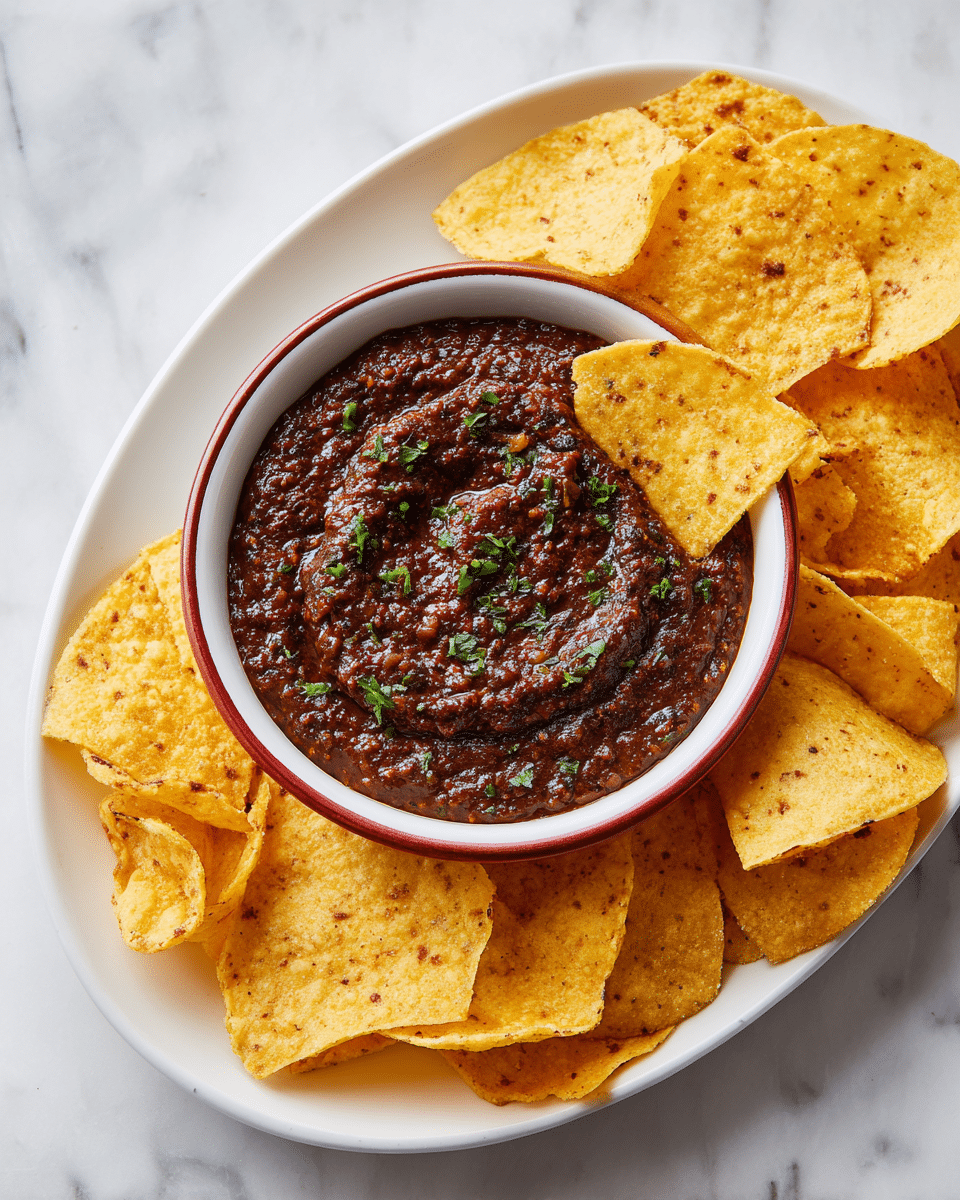 The image shows a white oval plate with a white bowl that has a red rim in the center, filled with dark brown bean dip with a slightly thick and rough texture, topped with small green herbs. Surrounding the bowl are many light yellow, crispy tortilla chips with small brown specks, some overlapping and pointing inward. A single chip is dipped into the bean dip, resting partially inside the bowl, with a woman's hand not visible but implied by the chip's position. The background is a white marbled texture. Photo taken with an iphone --ar 4:5 --v 7