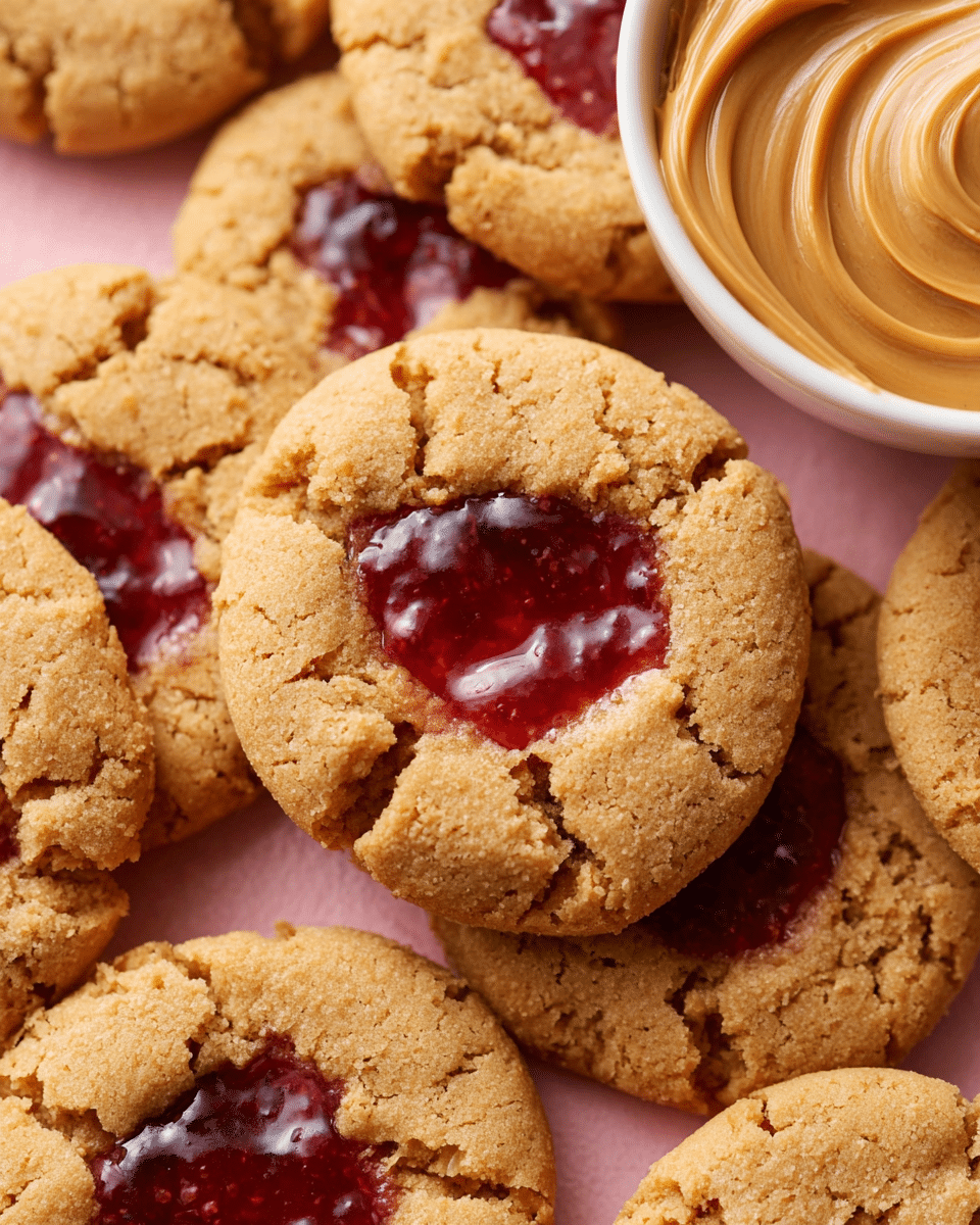 The image shows close-up of several round cookies with a rough light brown surface and cracked texture on the edges. Each cookie has a shiny layer of red jam in the center, slightly sunken into the dough and spreading unevenly. The cookies are placed close together on a soft pink background with a smooth texture. In the top right corner, there is a white bowl filled with smooth, creamy peanut butter, showing circular swirls on its surface. photo taken with an iphone --ar 4:5 --v 7