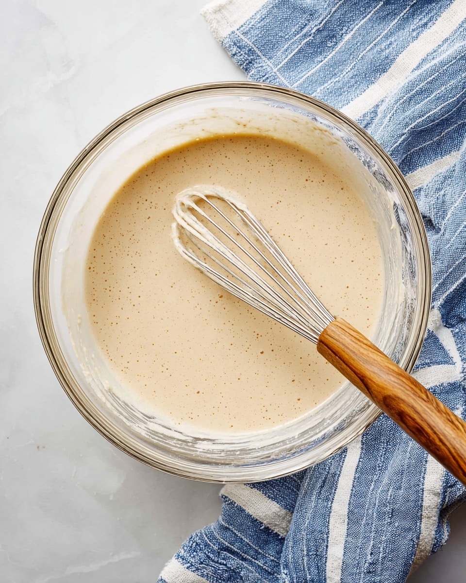 A clear glass bowl filled with smooth, light tan batter shows small bubbles on the surface, slight texture, and creamy consistency. A metal whisk with a wooden handle is partially dipped into the batter, resting inside the bowl at an angle. To the right side of the bowl, a blue and white striped cloth is casually placed on a white marbled surface. The photo taken with an iphone --ar 4:5 --v 7