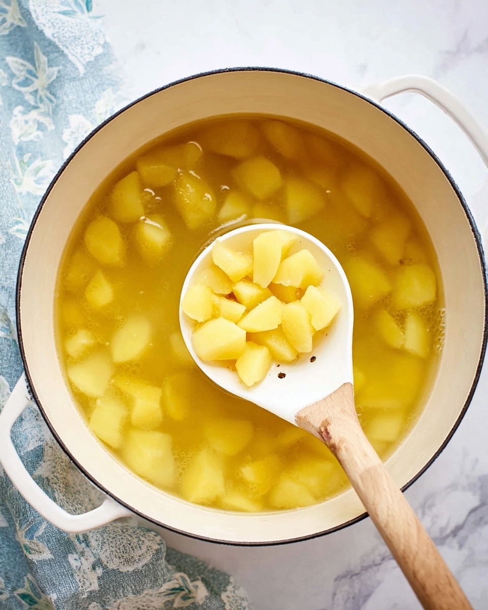 A white pot filled with yellowish water and many small, light yellow potato pieces floating inside. A white slotted spoon with a light wooden handle is holding some of the potato pieces above the water. The pot is placed on a white marbled surface with a light blue patterned cloth near the pot's left side. The texture of the potatoes appears soft and smooth. photo taken with an iphone --ar 4:5 --v 7