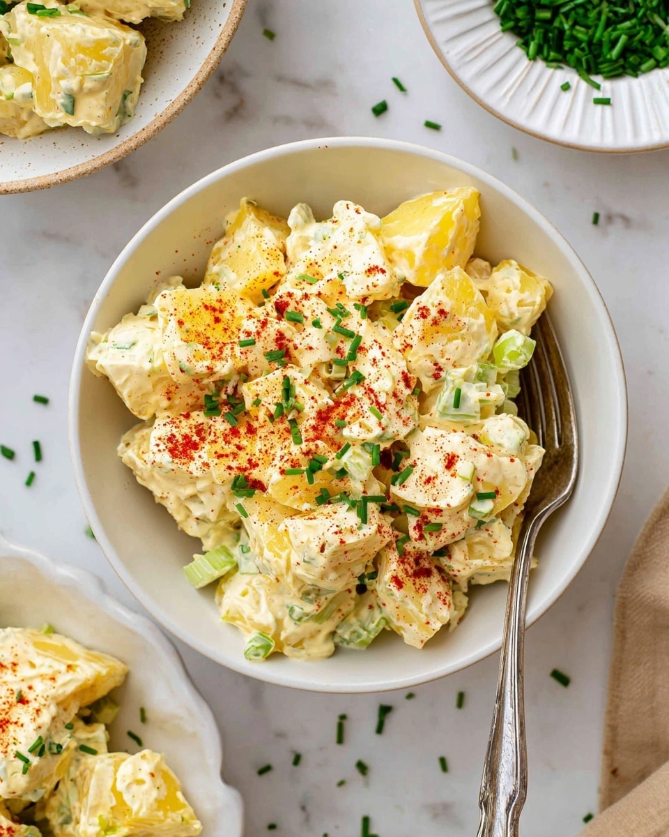 The image shows a white bowl filled with potato salad made of chunky yellow potato pieces covered in creamy pale yellow dressing, mixed with small light green celery bits. The salad is sprinkled with chopped bright green chives and a light dusting of red paprika seasoning. A silver fork rests inside the bowl on the right side. Around the bowl, there are parts of other white dishes with the same potato salad, some scattered green chives, and a light brown wooden surface covered by a white marbled texture underneath. Photo taken with an iphone --ar 4:5 --v 7