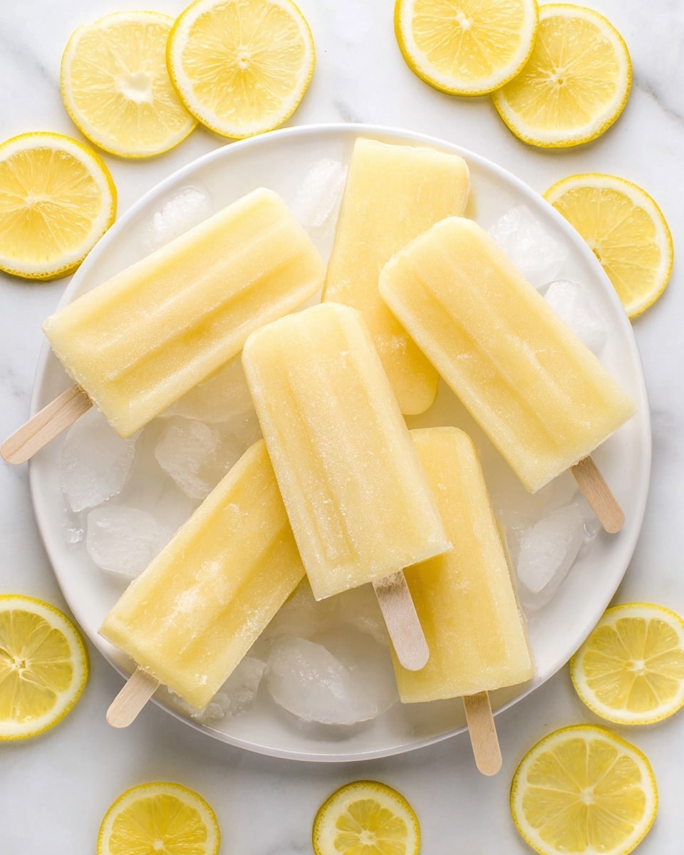 The image shows seven pale yellow lemon popsicles arranged on a bed of ice inside a white plate. The popsicles have wooden sticks at the bottom and appear smooth with a slightly frosty texture. Around the plate, there are fresh lemon slices and wedges scattered on a white marbled surface, adding bright yellow contrast to the scene. The overall look is fresh and cool, perfect for a summer treat photo taken with an iphone --ar 4:5 --v 7