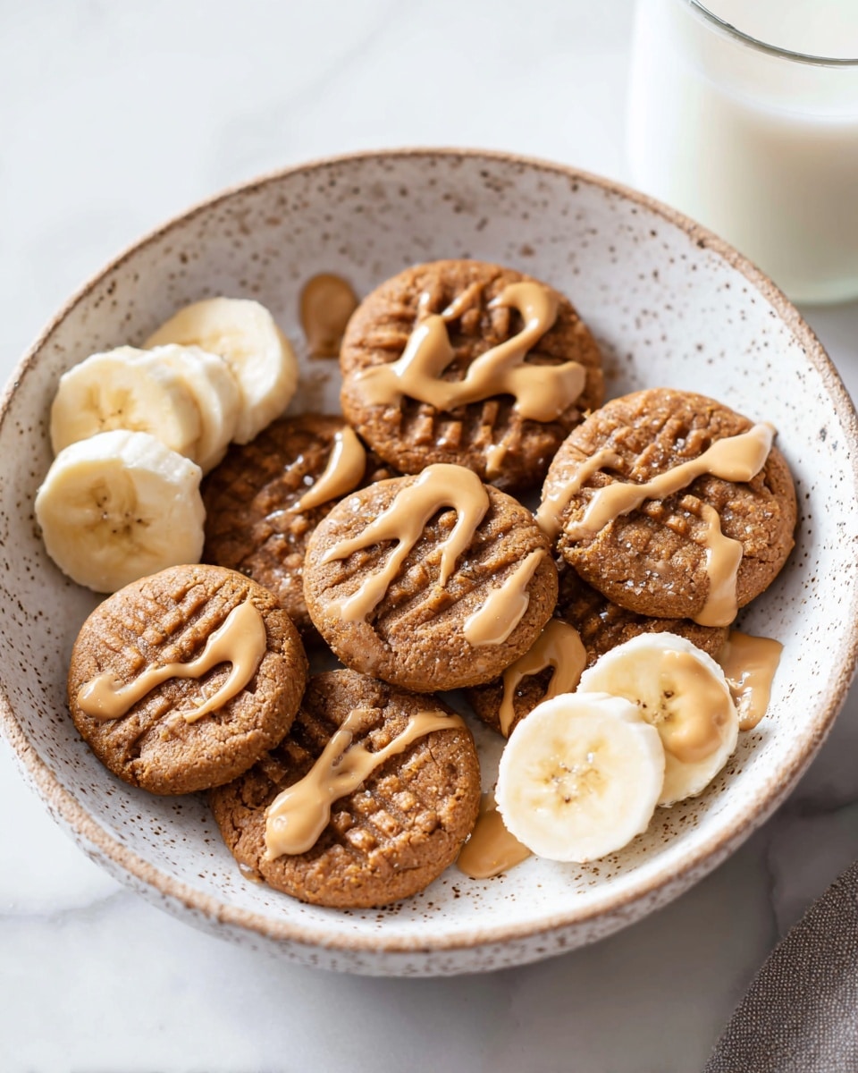 The image shows a white speckled bowl filled with seven round brown cookies, each with visible fork lines pressed on top. On top of the cookies, there are light brown dollops and drizzles of peanut butter giving texture contrast. Around the cookies, there are three slices of banana, each light cream with brown spots. The bowl sits on a white marbled surface, and part of a glass of milk is visible on the top right side of the image. photo taken with an iphone --ar 4:5 --v 7