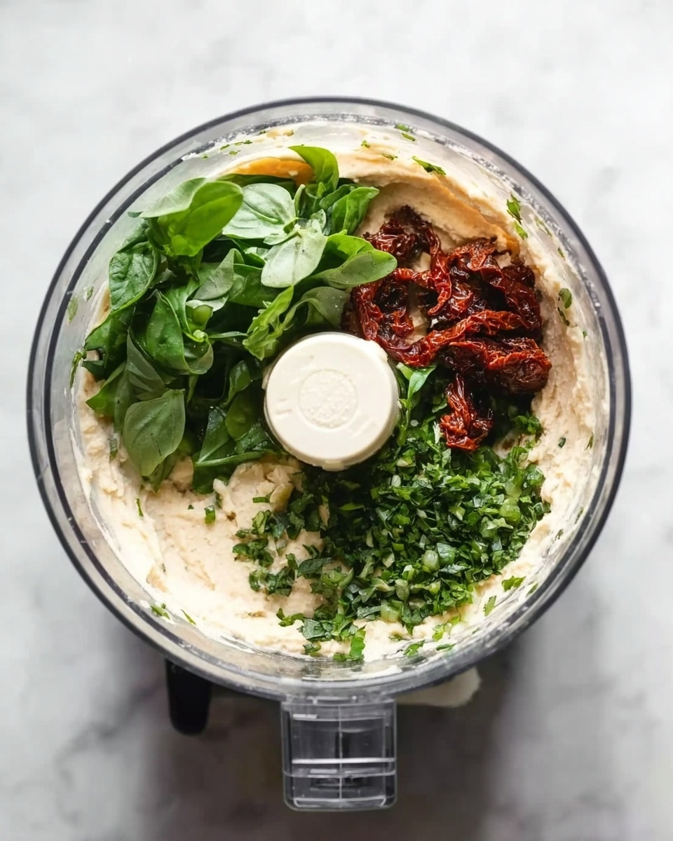 The image shows a food processor bowl filled with layered ingredients. The bottom layer is a creamy light beige spread, smooth and thick. On top of this layer, there are fresh dark green basil leaves arranged on the left and right sides. In the middle, there are chopped fresh green herbs mixed with small pieces of sun-dried tomatoes, which are dark red and slightly wrinkled. The bowl itself is transparent, placed on a white marbled surface. The photo is taken from above, showing the circular shape of the bowl and the white food processor lid. photo taken with an iphone --ar 4:5 --v 7