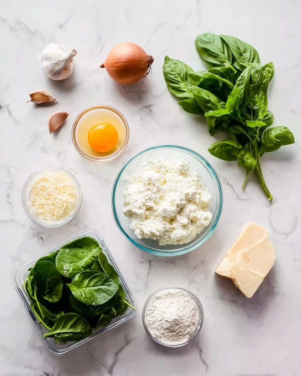 The image shows several cooking ingredients placed on a white marbled surface. There are two cloves of garlic on the top left, a brown shallot below them, and an egg with a separated yolk in a small clear bowl next to it. To the right of the egg is a bunch of fresh basil with dark green leaves. Below the basil, there is a clear plastic container filled with fresh green spinach leaves. In the center, there is a clear glass bowl full of white ricotta cheese. To the left of the ricotta, a small glass bowl holds white flour, and next to that is a small chunk of light yellow cheese. The setup feels clean and bright with all items spaced apart clearly. Photo taken with an iphone --ar 4:5 --v 7