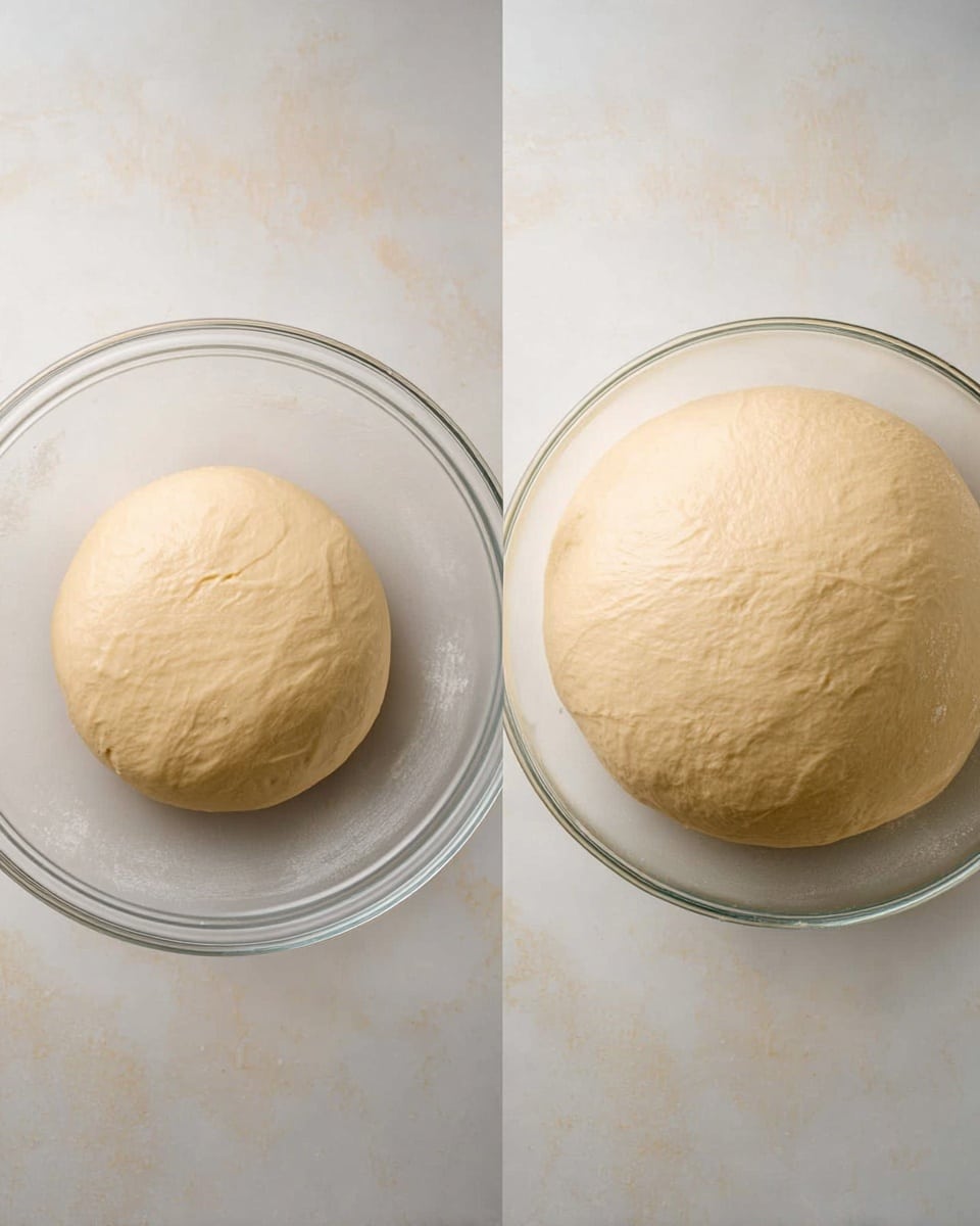 The image shows two white marbled surface shots of a clear glass bowl with dough. On the left, the dough is round, smooth, light beige, and smaller in size, resting at the center of the bowl. On the right, the dough has risen, becoming much larger, still round and smooth, filling most of the bowl. The clear bowl allows the white marbled surface beneath to be seen around the dough. photo taken with an iphone --ar 4:5 --v 7