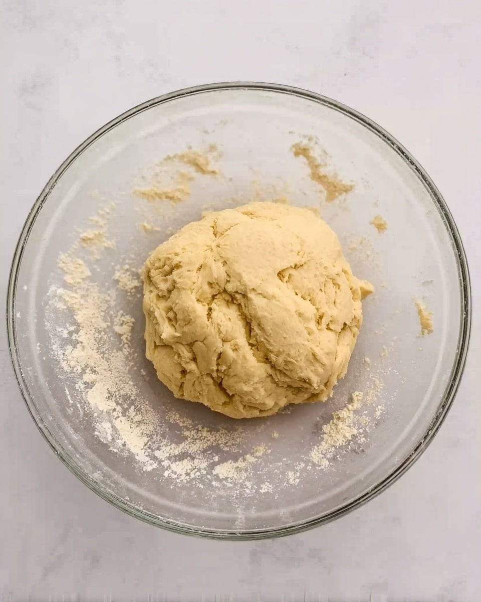 A ball of pale yellow dough with a slightly rough texture sits in the center of a clear glass bowl. The dough appears soft and slightly sticky, with small cracks and unevenness on its surface. Around the edges of the bowl, some loose flour is scattered. The bowl is placed on a white marbled surface, which adds a clean and bright look to the image. Photo taken with an iphone --ar 4:5 --v 7
