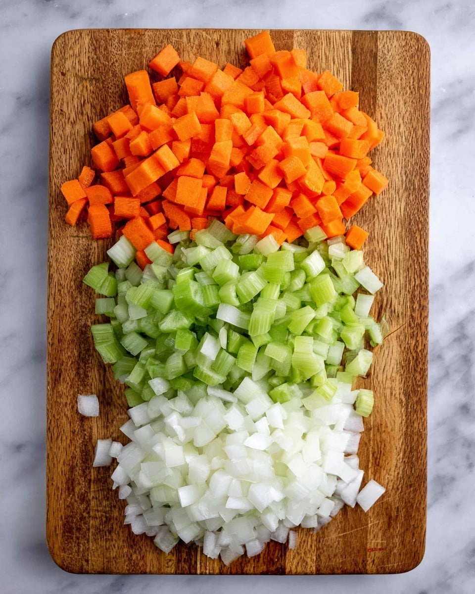 The image shows a wooden cutting board placed on a white marbled surface with three neat piles of chopped vegetables arranged in rows from top to bottom. The top pile is bright orange carrot pieces, the middle pile is light green celery pieces, and the bottom pile is white onion pieces. Each pile is finely chopped into small square shapes, showing the rough texture of the vegetables. The colors create a clear contrast against the wood background. photo taken with an iphone --ar 4:5 --v 7