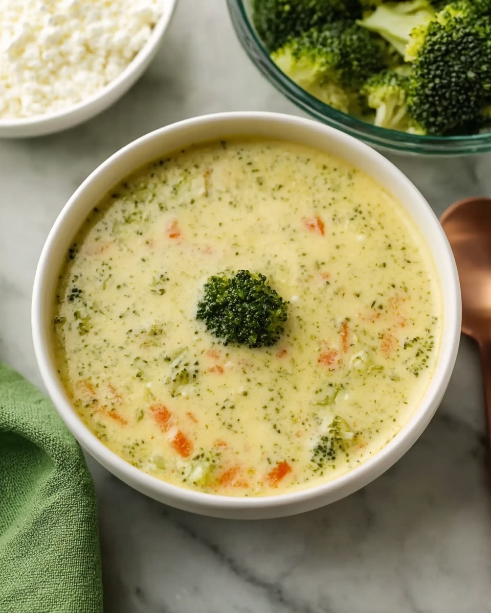 A close-up view of a bowl filled with creamy broccoli soup, showing a thick layer of speckled green broccoli pieces and small orange carrot slices floating throughout a pale yellow broth. On top of the soup, there is a soft light green broccoli floret garnish centered. The bowl is white and sits on a white marbled surface. Nearby, the edge of another white bowl holding broccoli florets is visible, along with a green cloth napkin and a glass bowl containing cottage cheese. Photo taken with an iphone --ar 4:5 --v 7